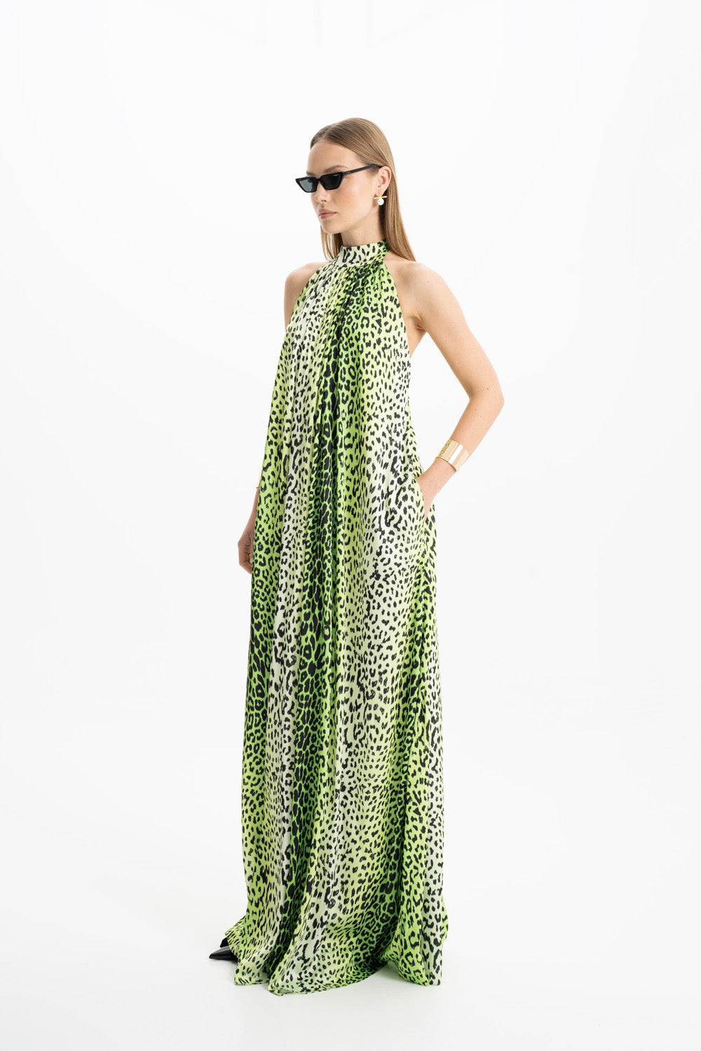 Shop Lora Istanbul Pam Satin Green Leopard Halter Maxi Dress