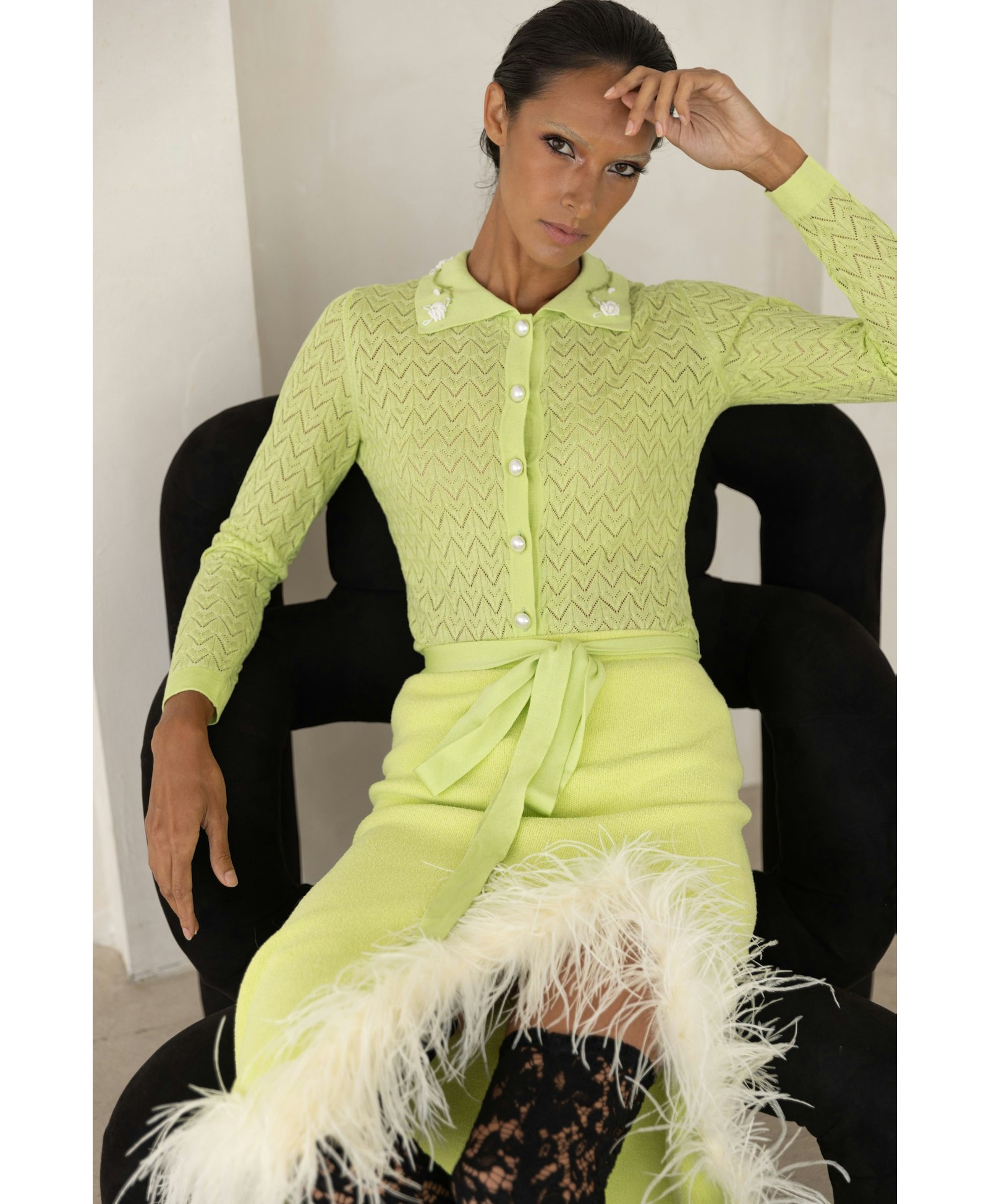Lime Cashmere Shirt With Embroidery in Green made by ANDREEVA