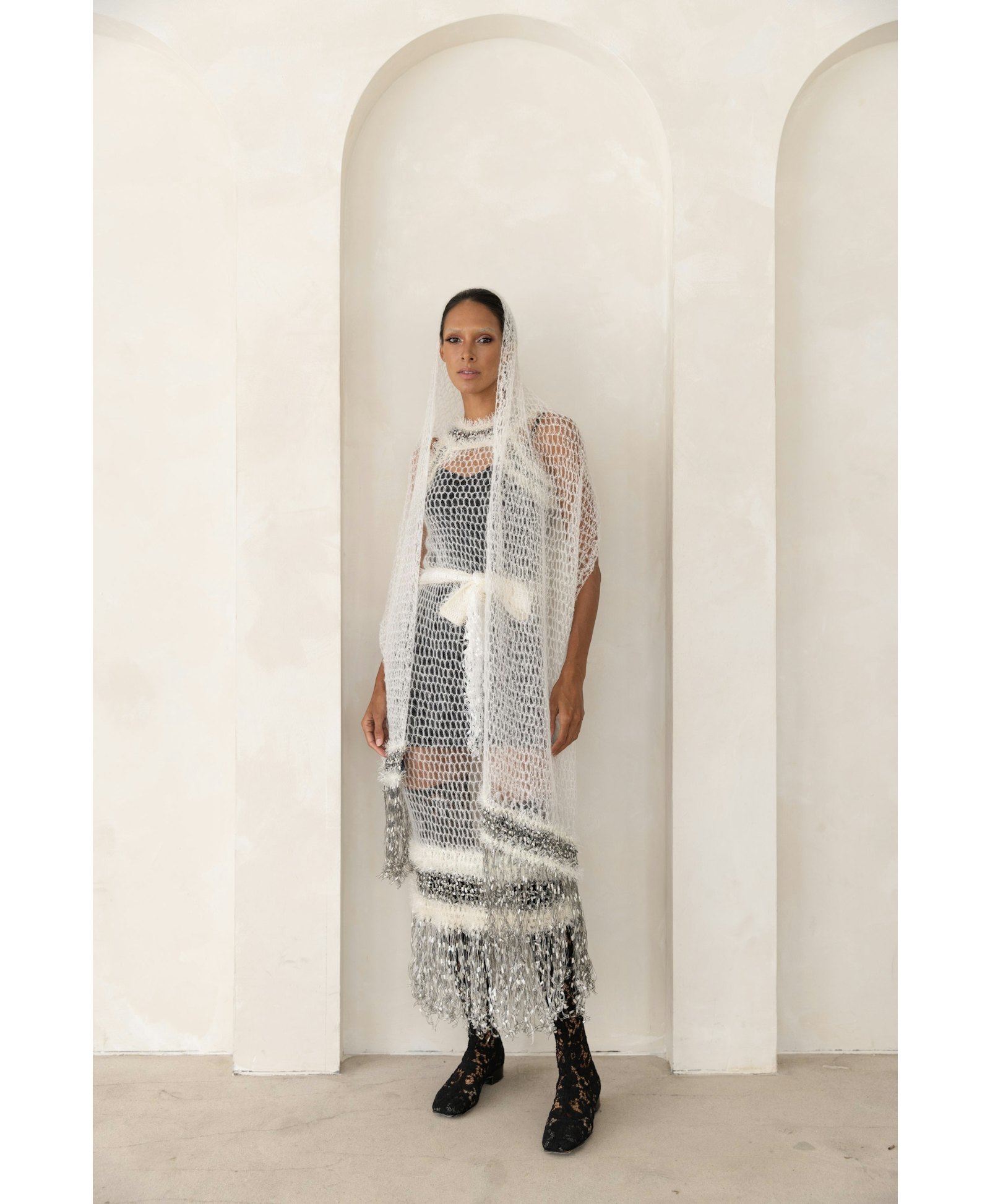 White Cashmere Handmade Knit Shawl in White made by ANDREEVA