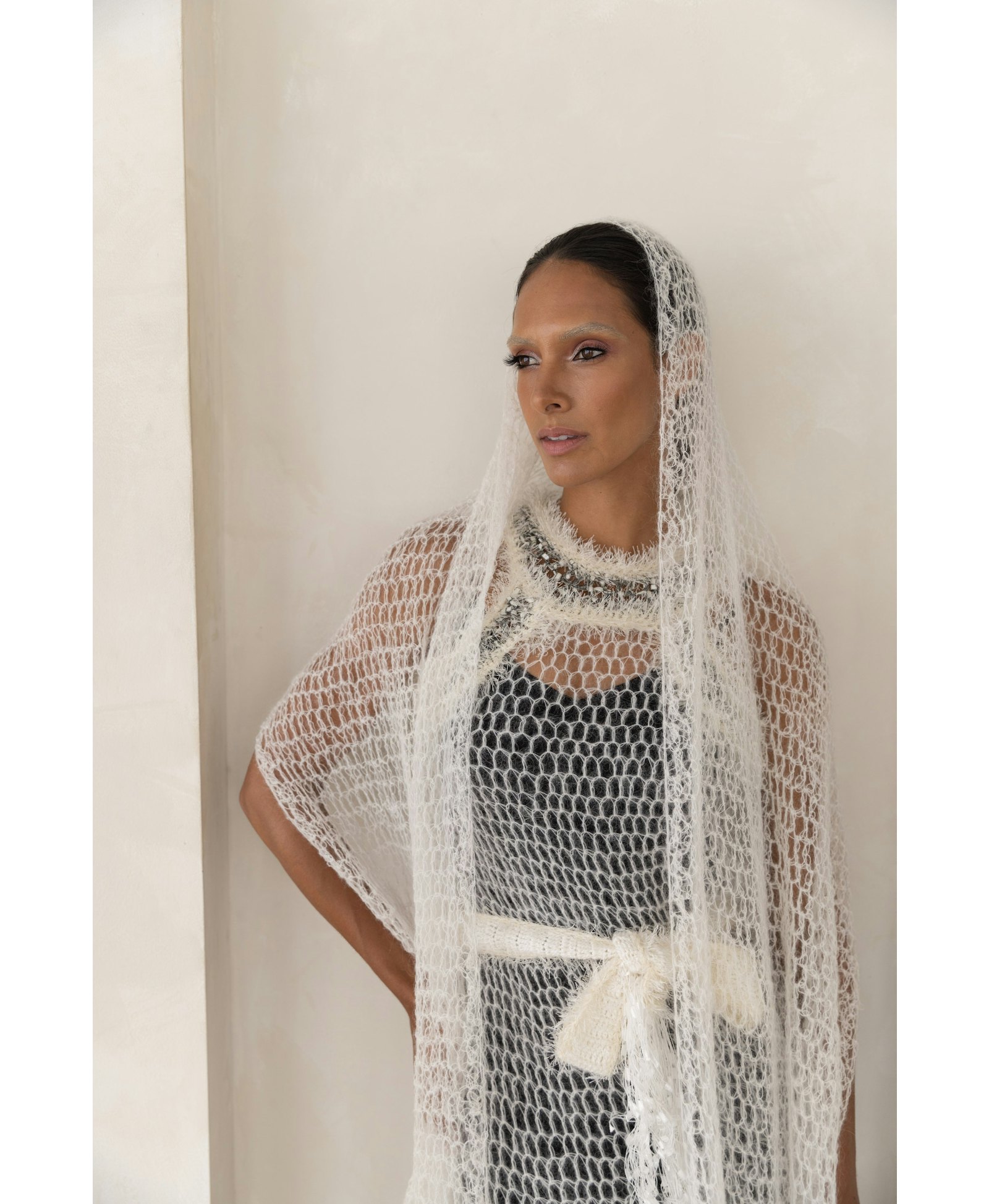 White Cashmere Handmade Knit Shawl in White made by ANDREEVA