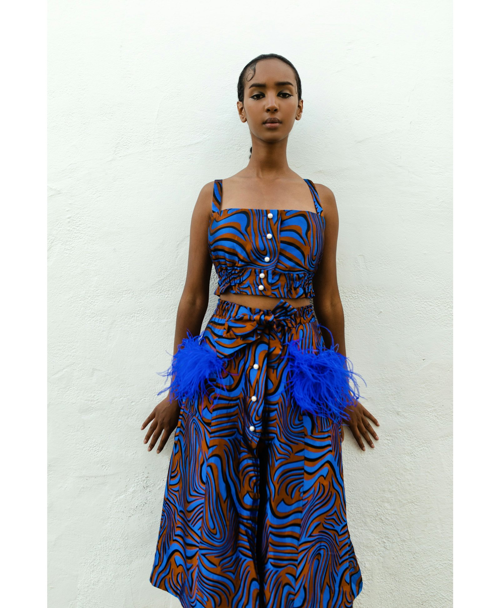 Blue Printed Skirt With Feathers made by ANDREEVA