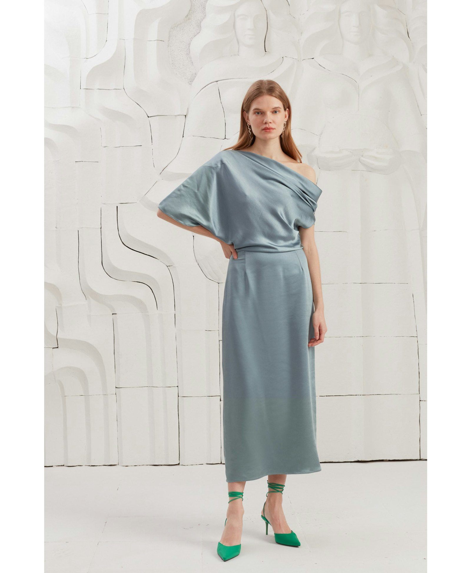 ILENE blue satin asymmetric midi evening dress made by UNDRESS