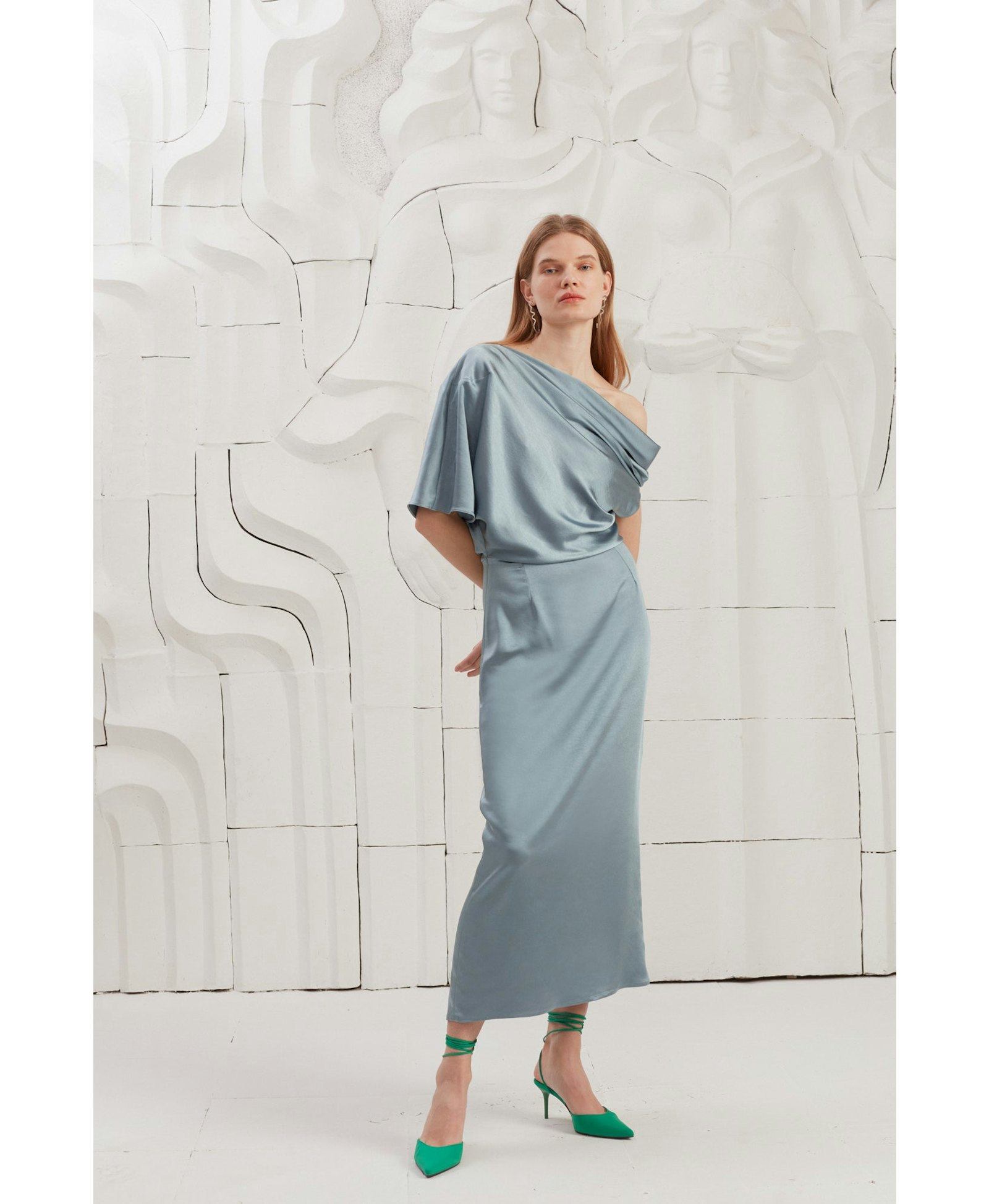 ILENE blue satin asymmetric midi evening dress made by UNDRESS