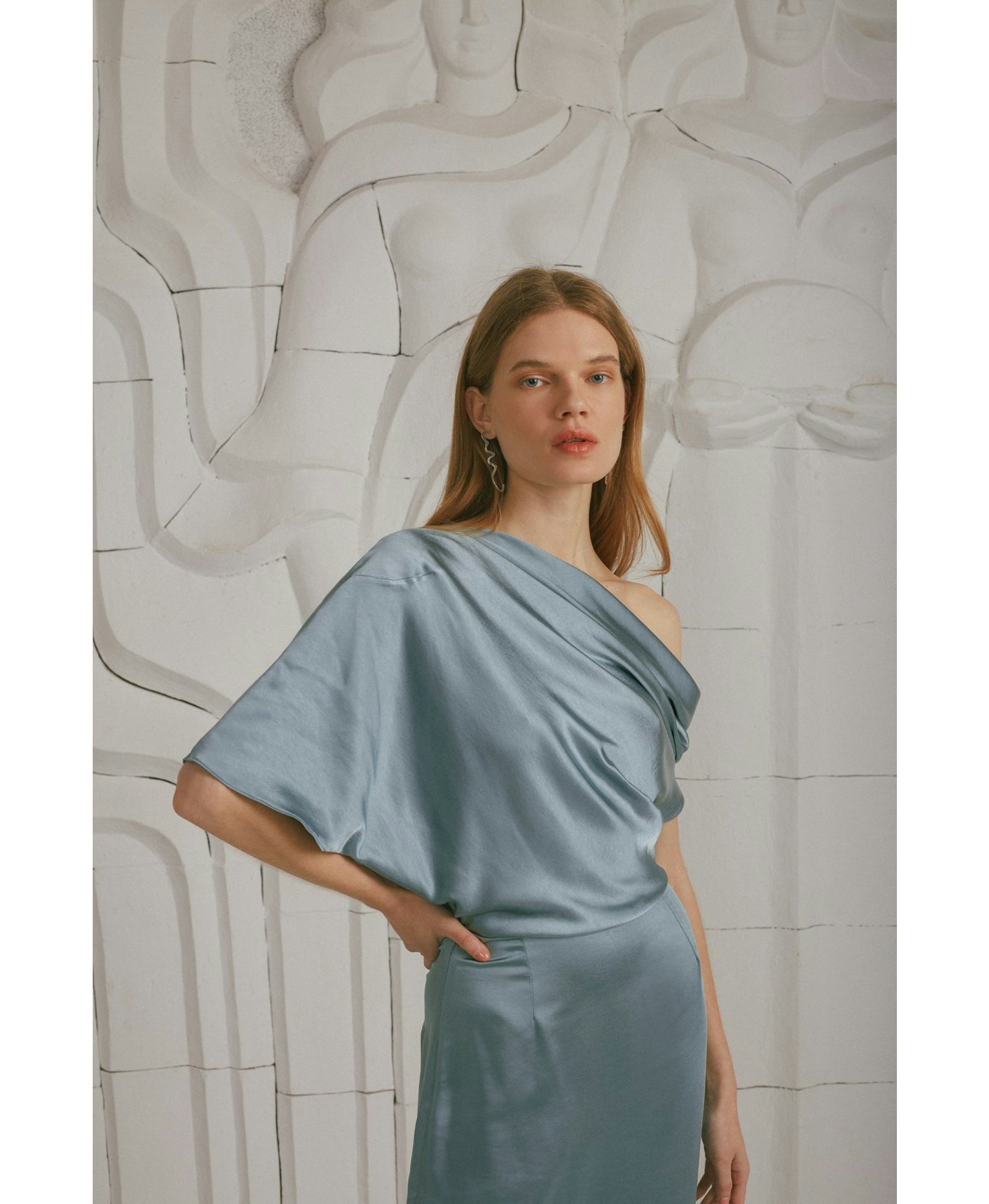 ILENE blue satin asymmetric midi evening dress made by UNDRESS