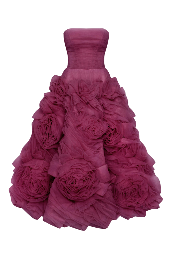 Millà Dramatically Flowered Tulle Dress In Wine Color In Red