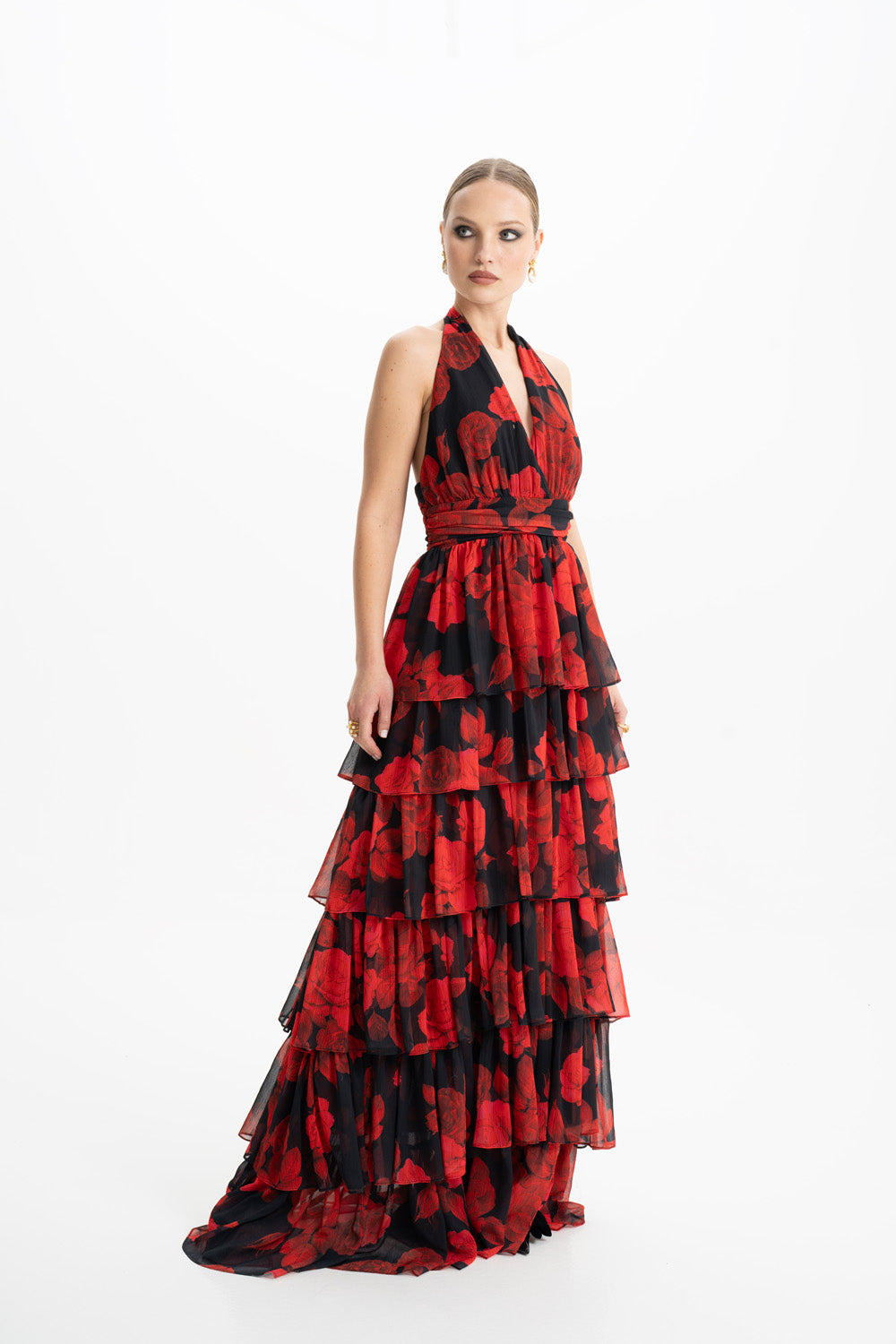 Shop Lora Istanbul Lola Red Floral Ruffled Maxi Dress