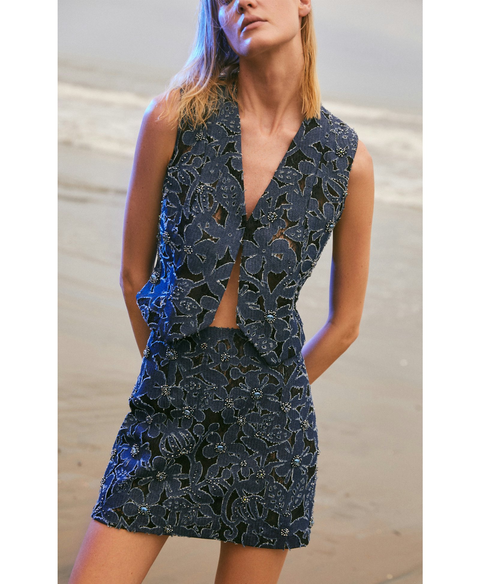 Luces Denim Hand Embroidered Vest made by Francesca Miranda