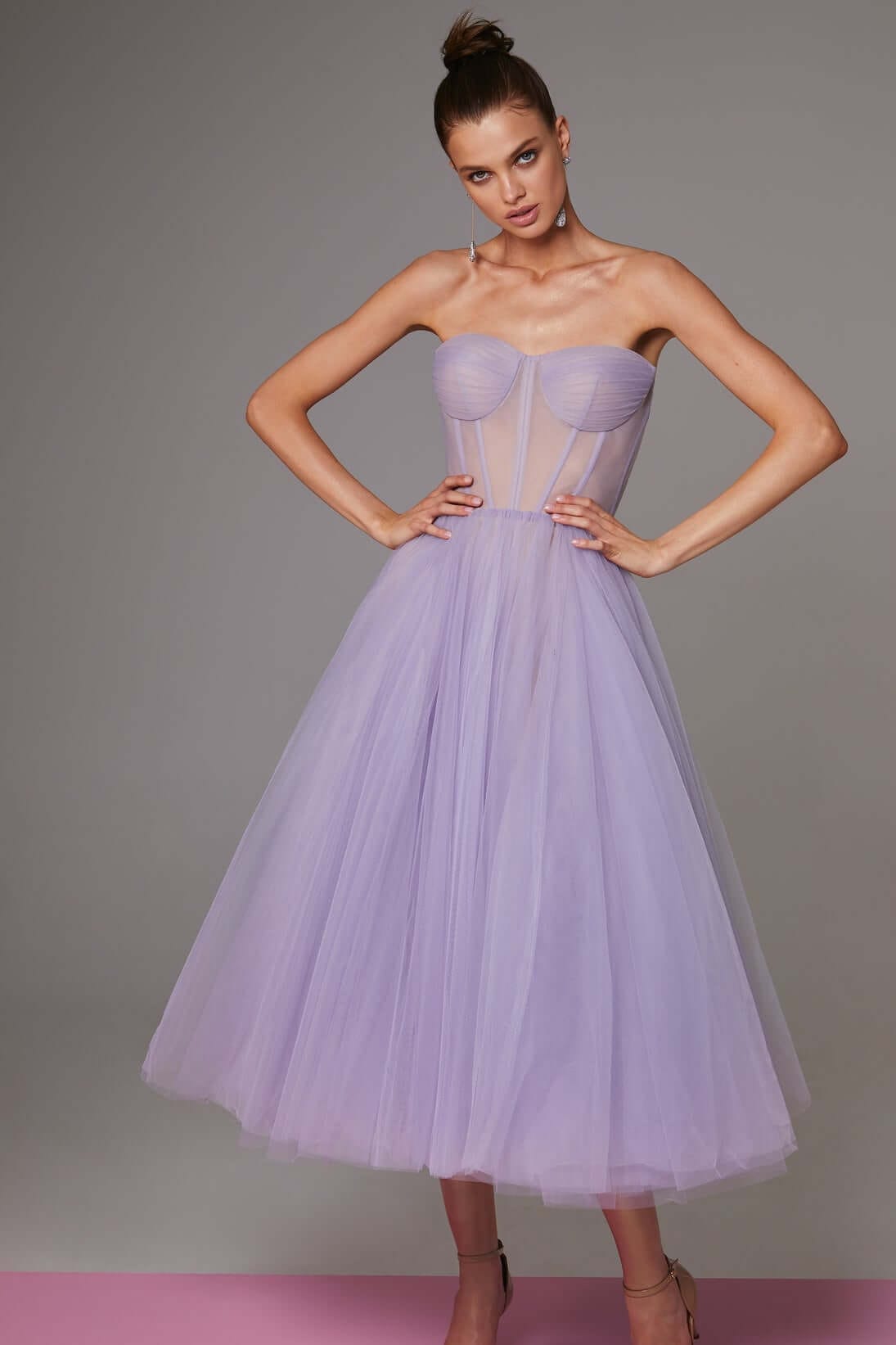 Shop Milla Lavender Strapless Puffy Midi Tulle Dress In Purple