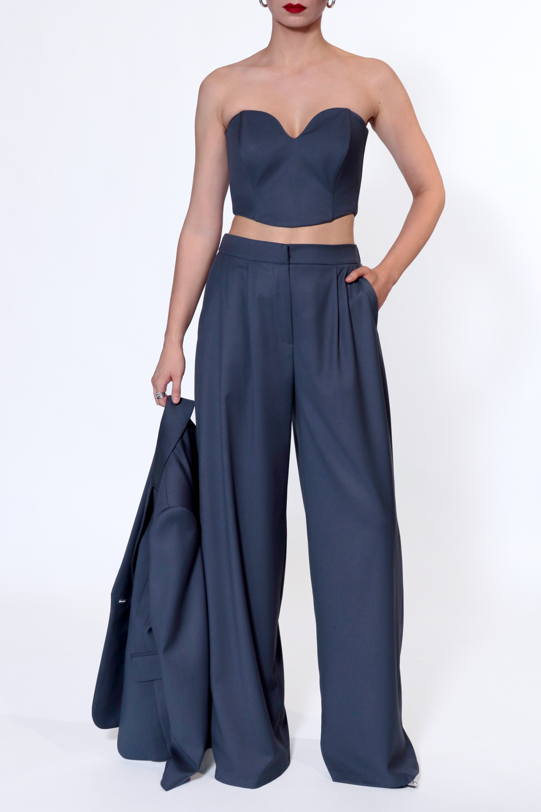 Shop Halewski Trousers Ophelie Moonlight Blue In Graphite Grey