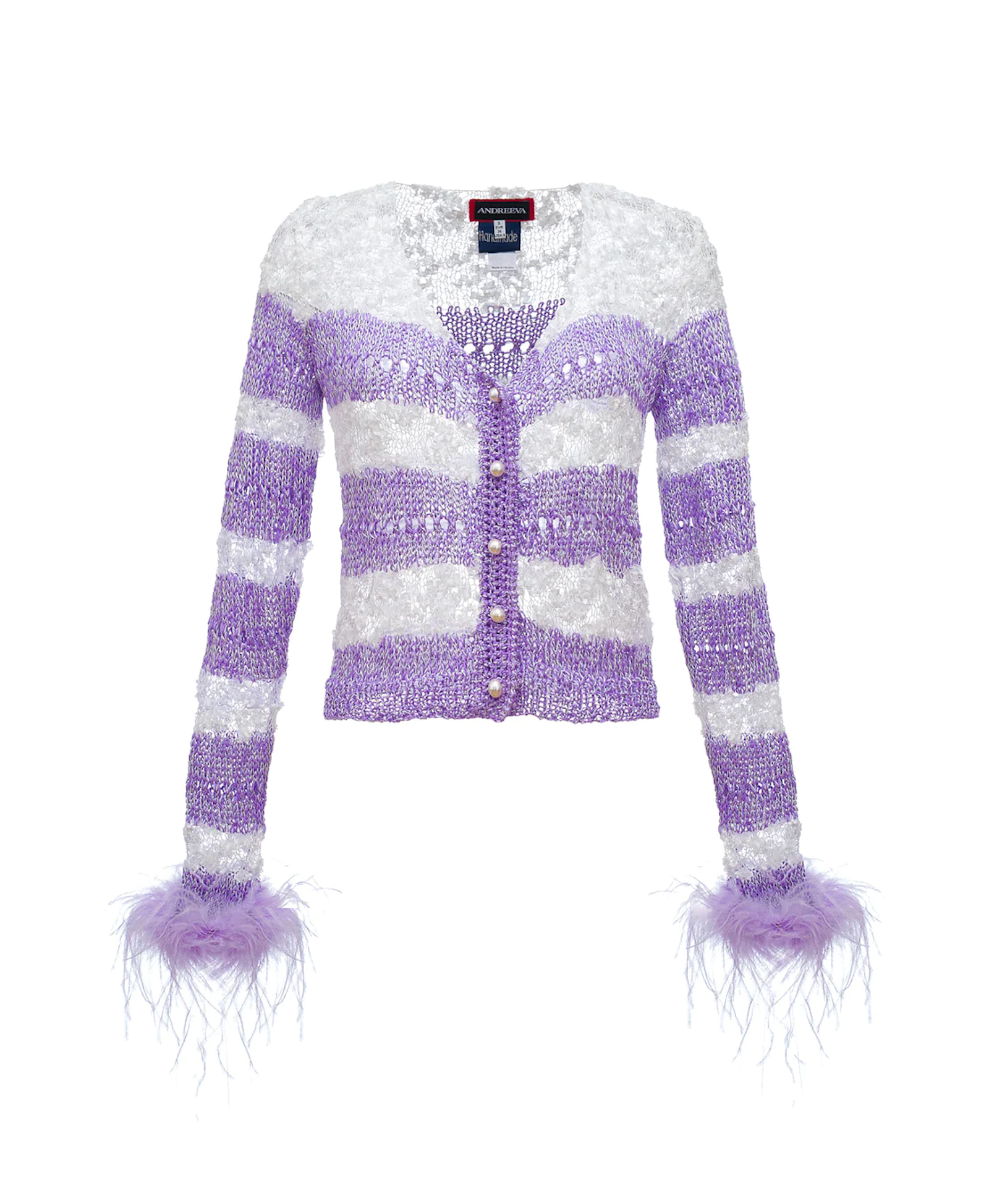 Mint Handmade Knit Sweater With Detachable Feather Details On The Cuffs and Pearl Buttons in Purple made by ANDREEVA