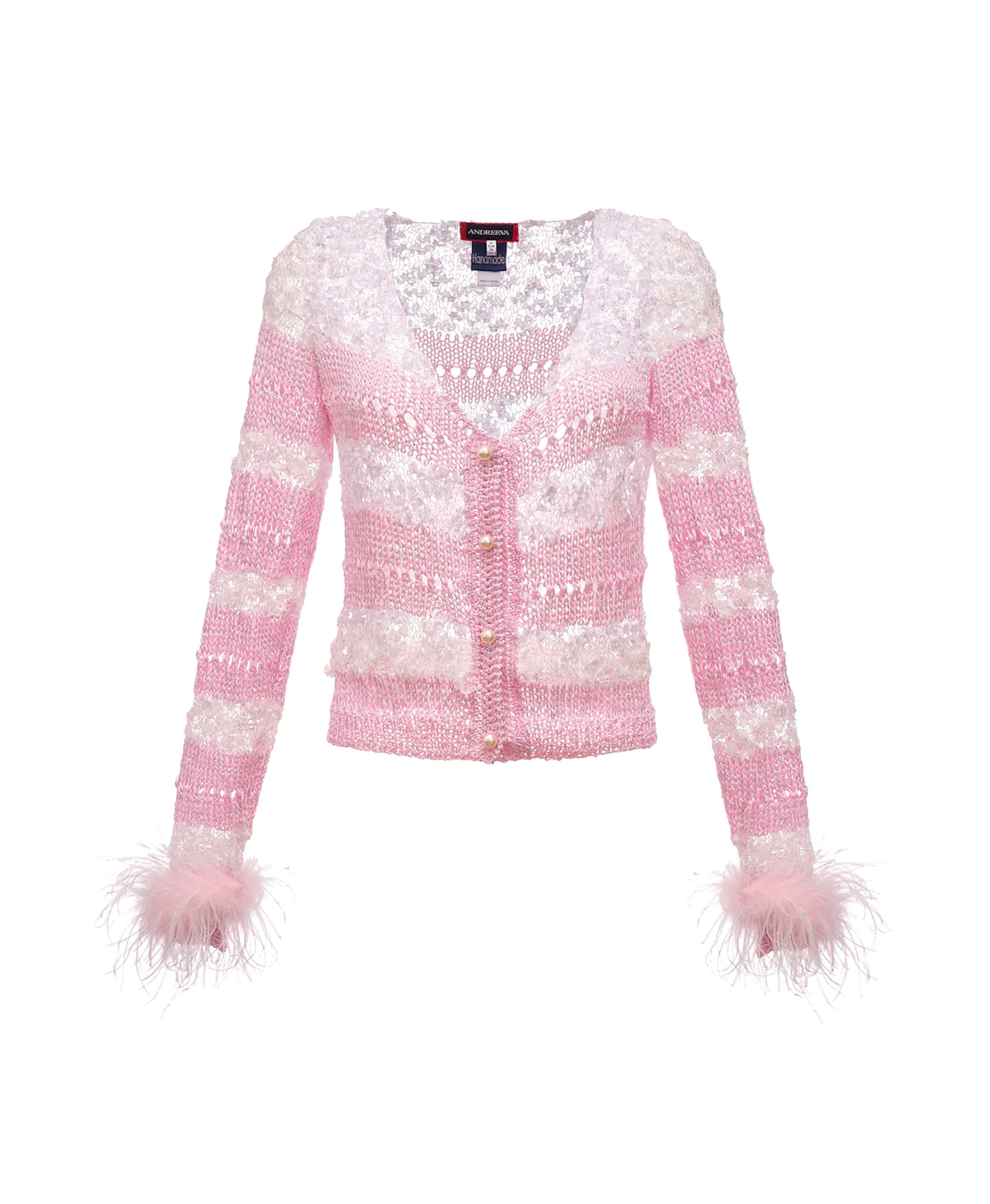 Mint Handmade Knit Sweater With Detachable Feather Details On The Cuffs and Pearl Buttons in Pink made by ANDREEVA