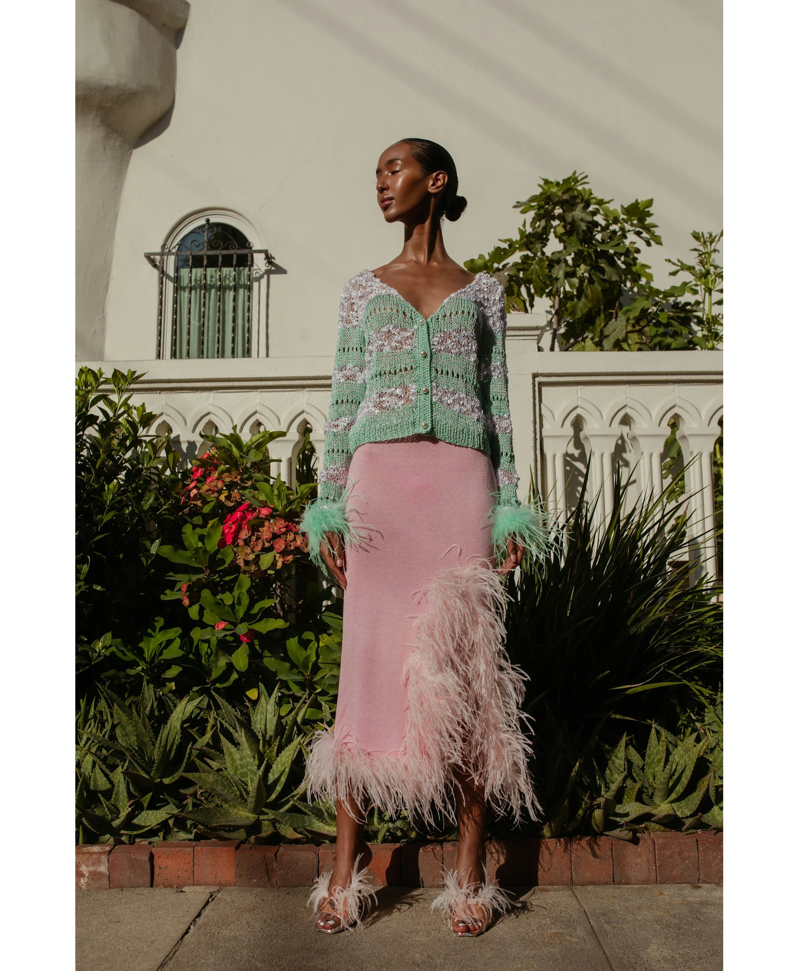 Mint Handmade Knit Sweater With Detachable Feather Details On The Cuffs and Pearl Buttons in Blue made by ANDREEVA