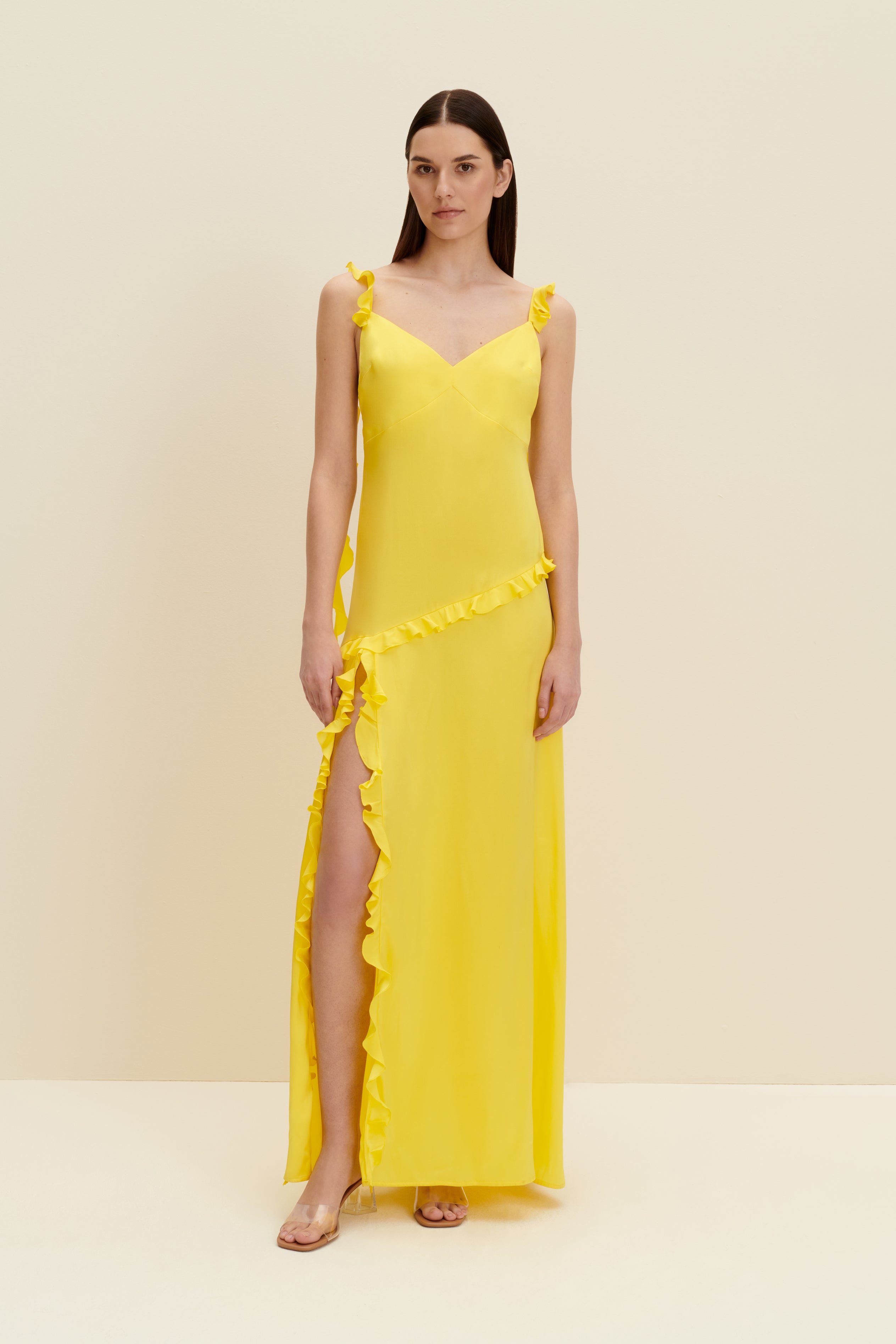 Shop Jaaf Ruffled Silk Maxi Dress In Lemon Yellow