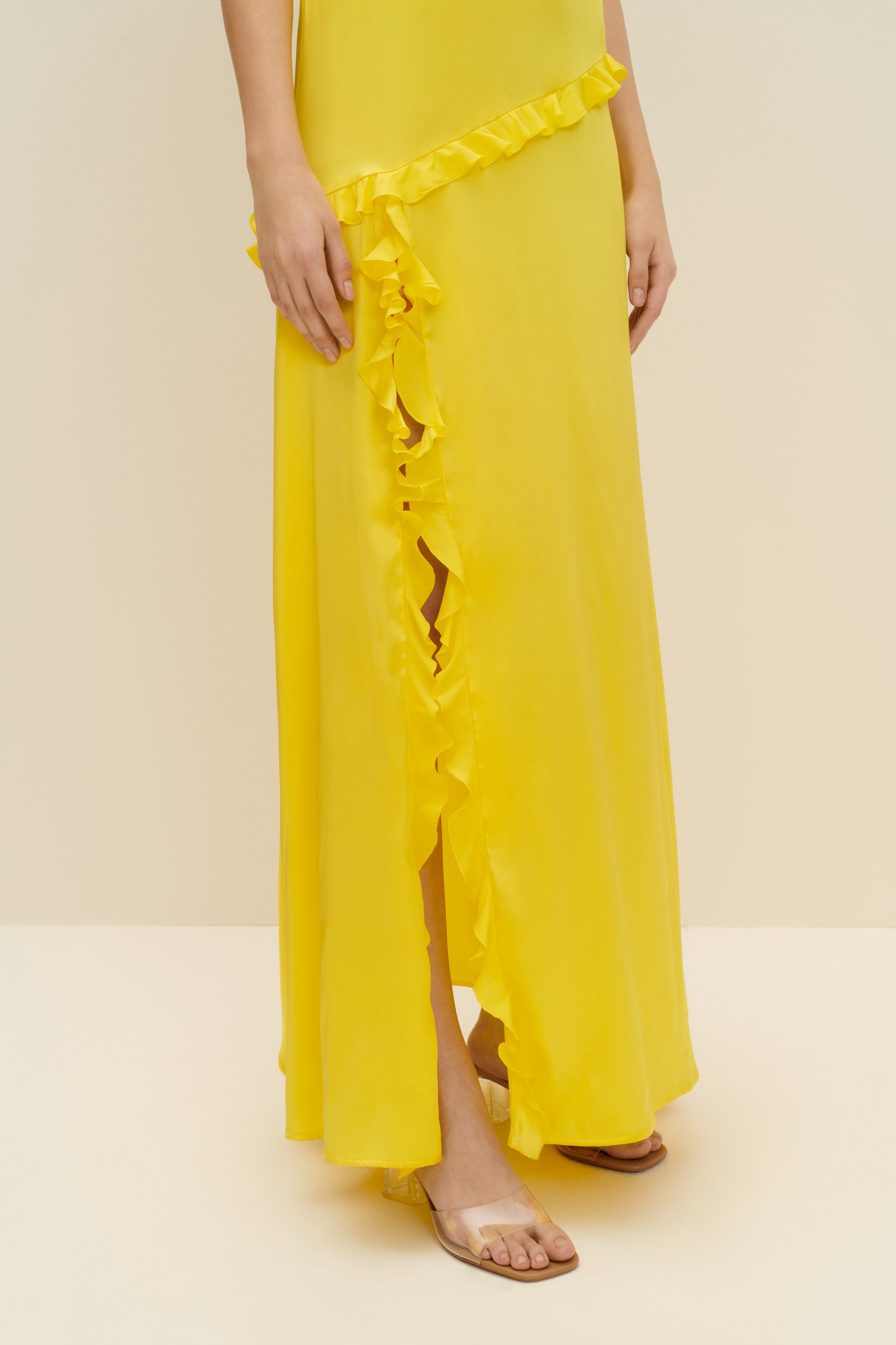 Shop Jaaf Ruffled Silk Maxi Dress In Lemon Yellow
