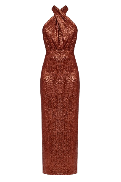 Undress Alta Bronze Sequin Maxi Evening Dress In Brown