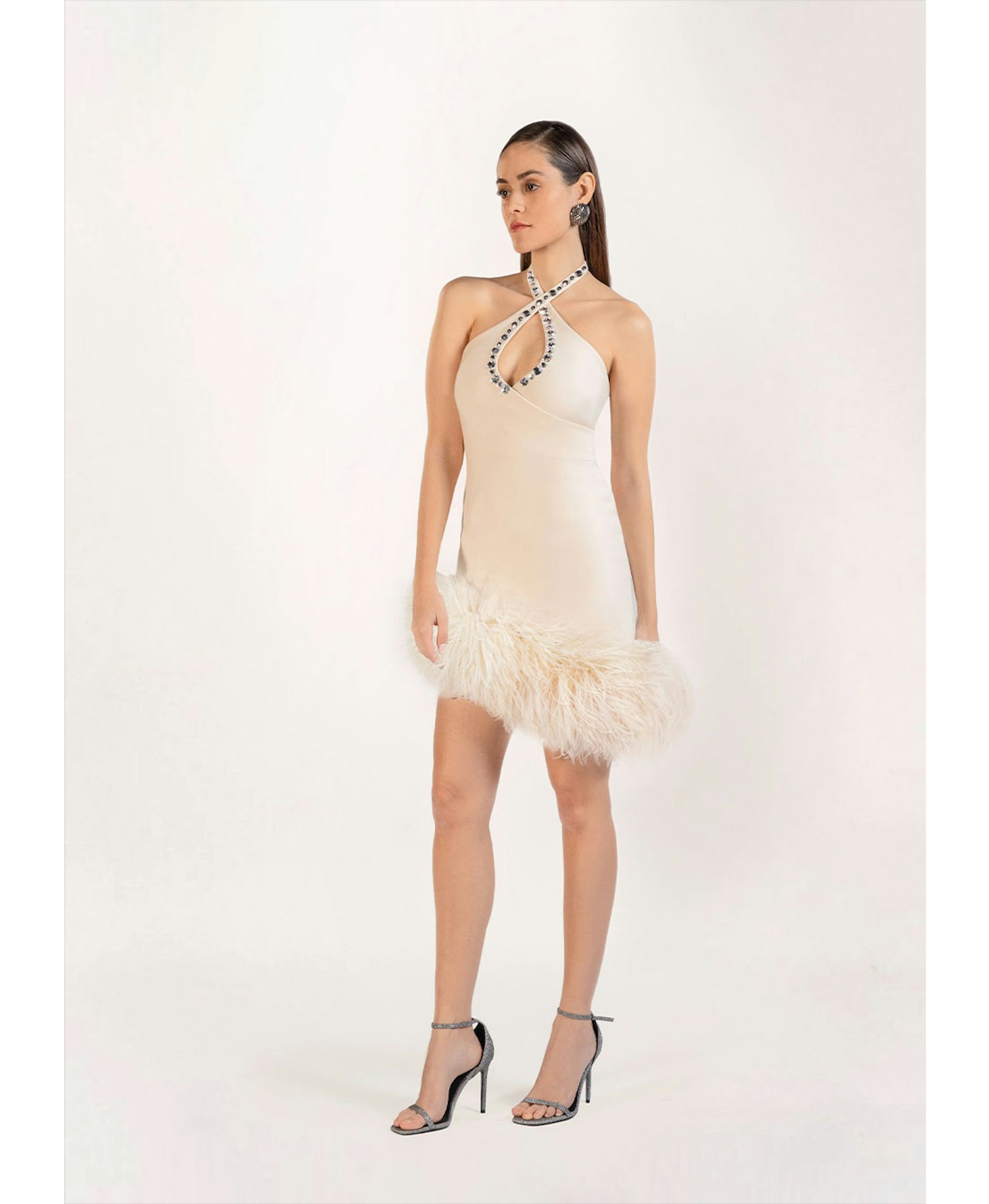 Mia feather-embellished crepe mini dress made by Monika Dimova