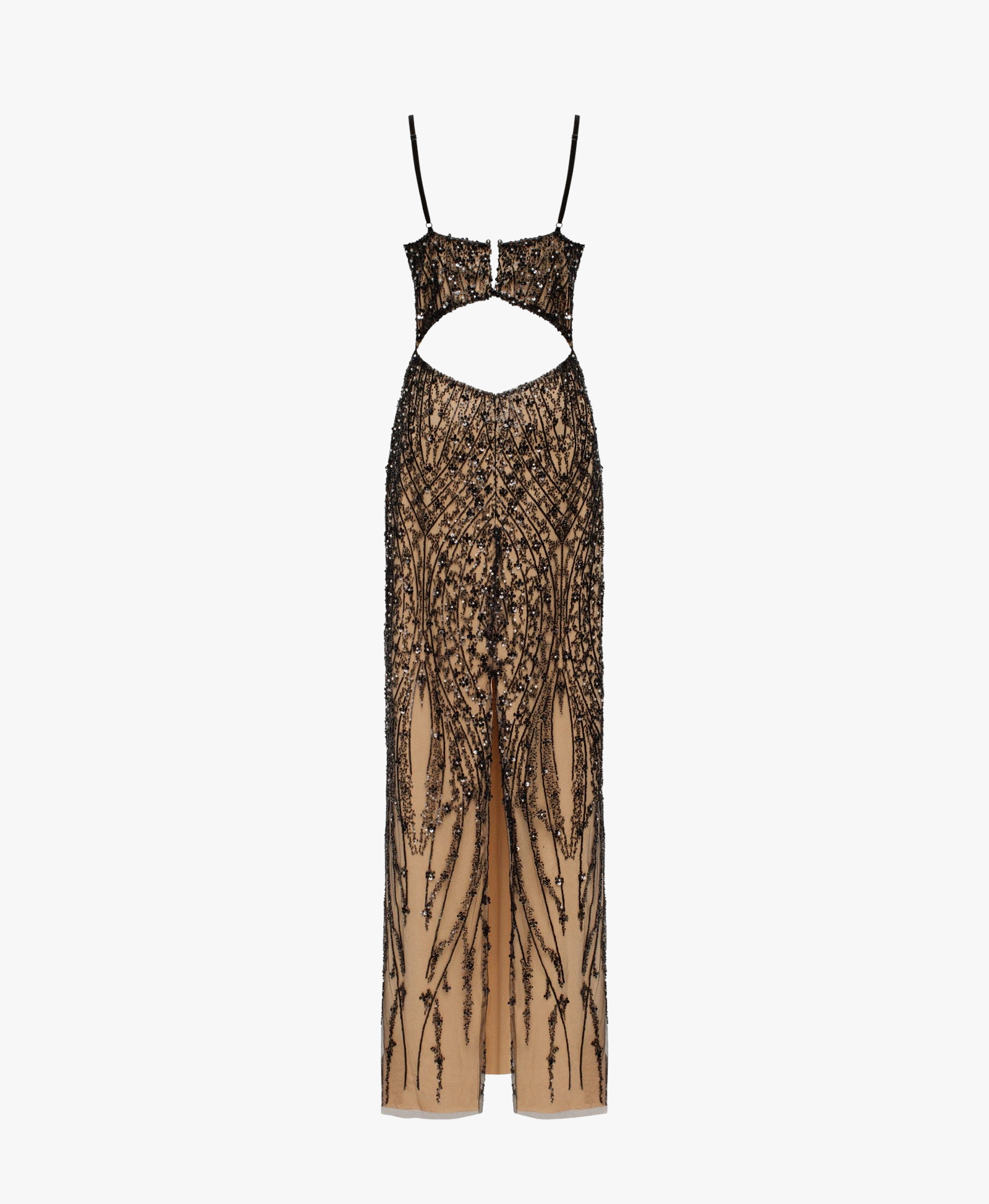 Gala-worthy beige maxi dress covered in black sequined ornament, Smoky Quartz made by Milla