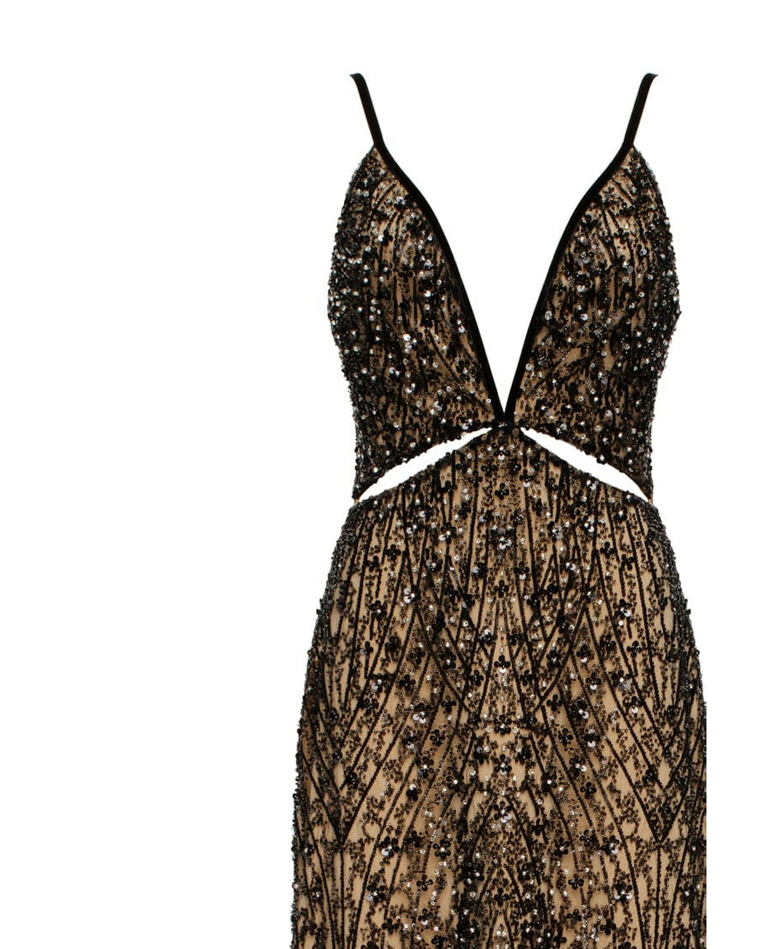 Gala-worthy beige maxi dress covered in black sequined ornament, Smoky Quartz made by Milla