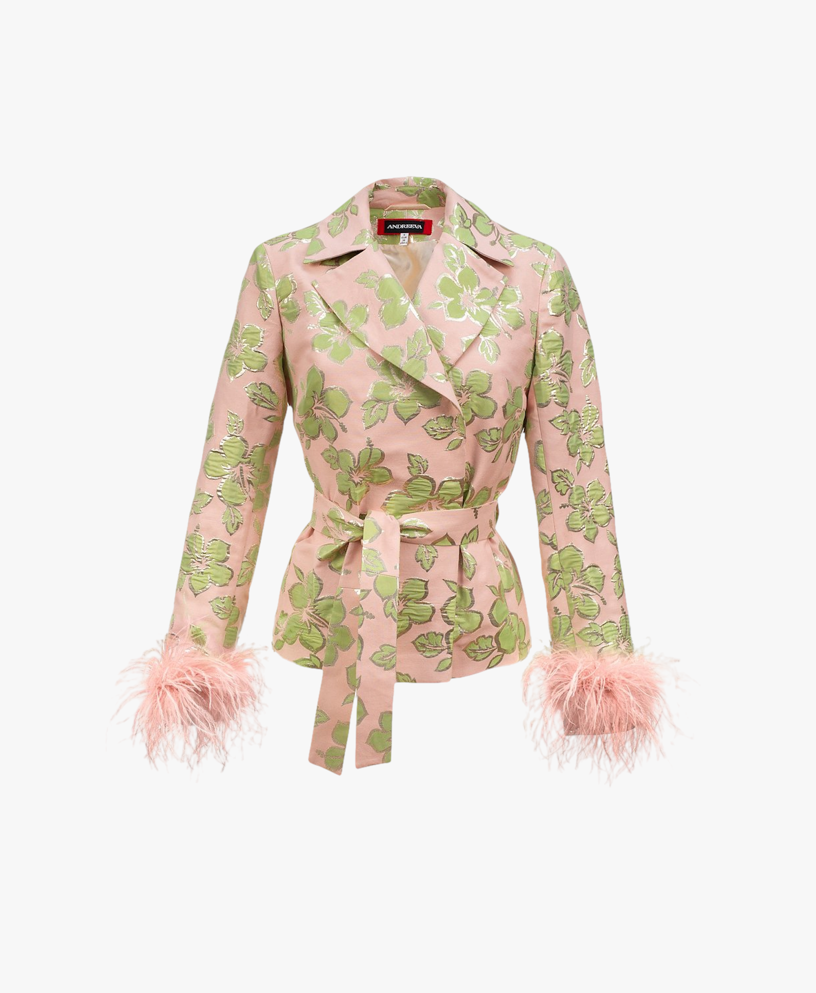 Pink Jacquard Jacket №19 with detachable feather cuffs made by ANDREEVA