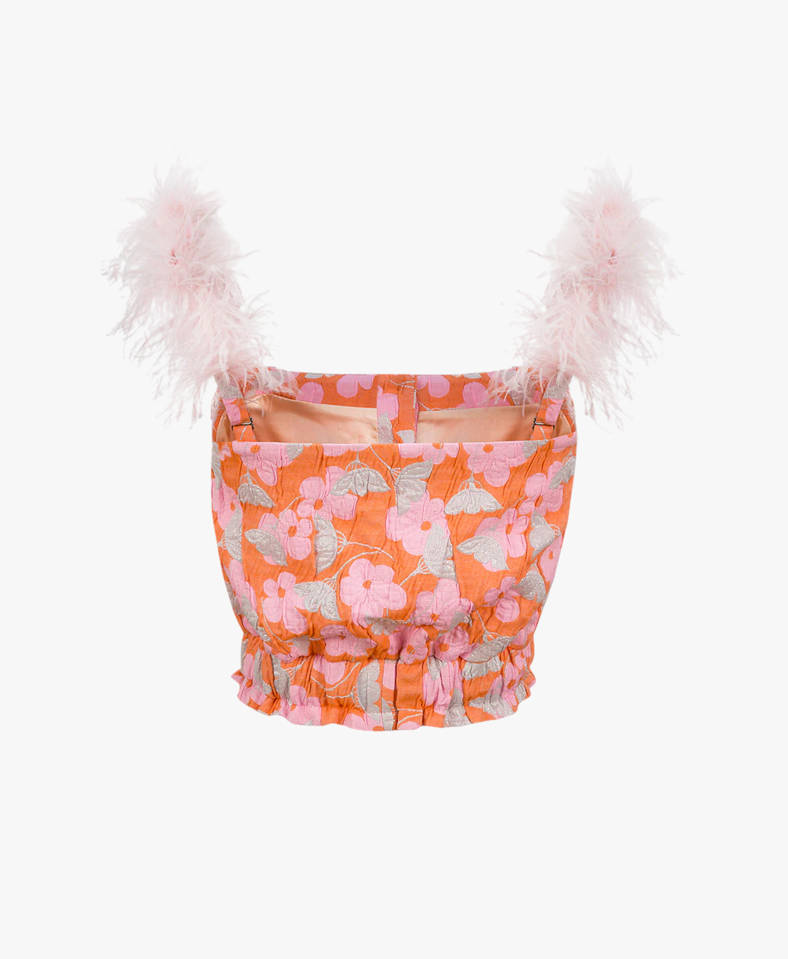 Pink flower top with feather details and pearl buttons in Pink made by ANDREEVA