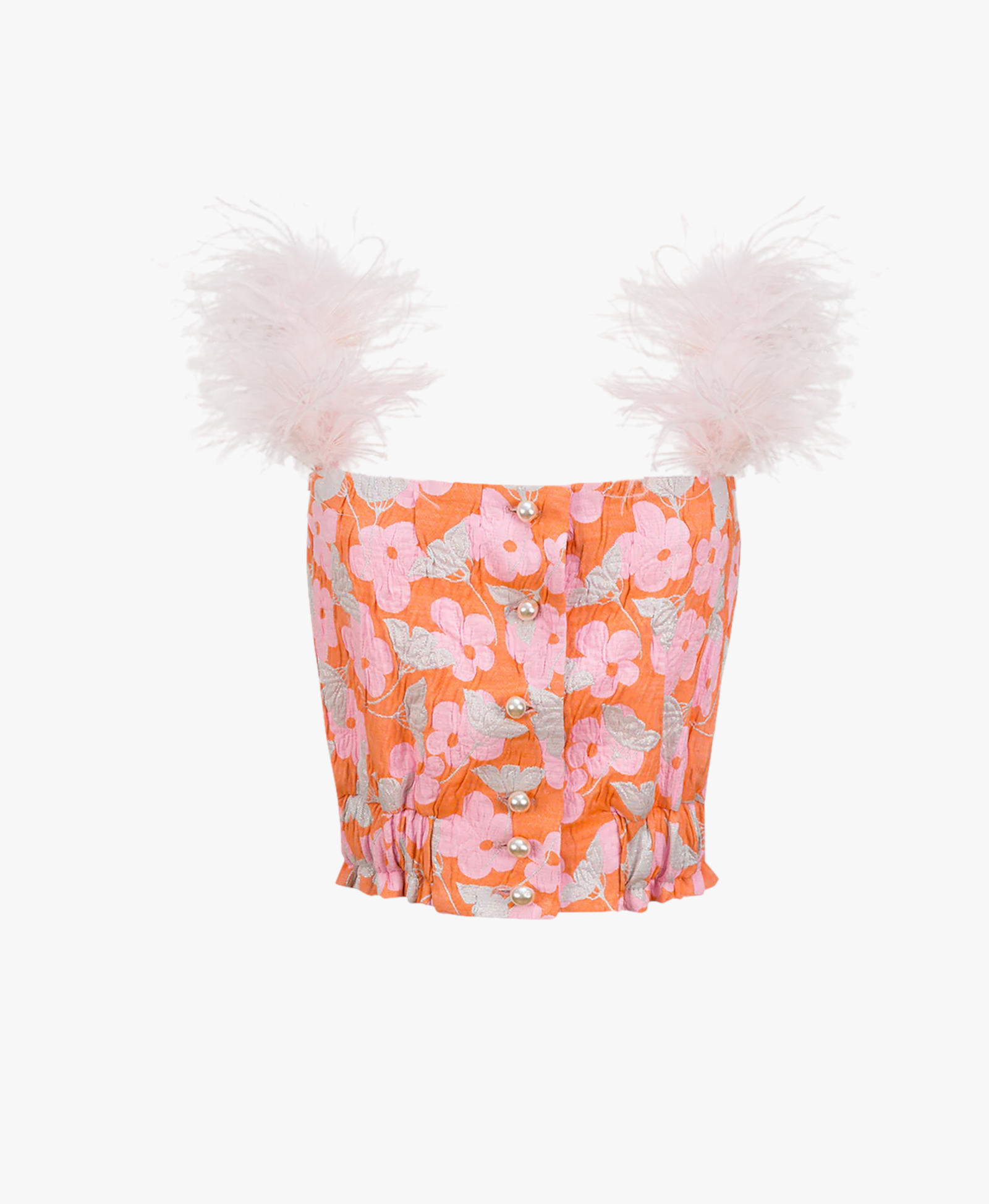 Pink flower top with feather details and pearl buttons in Pink made by ANDREEVA