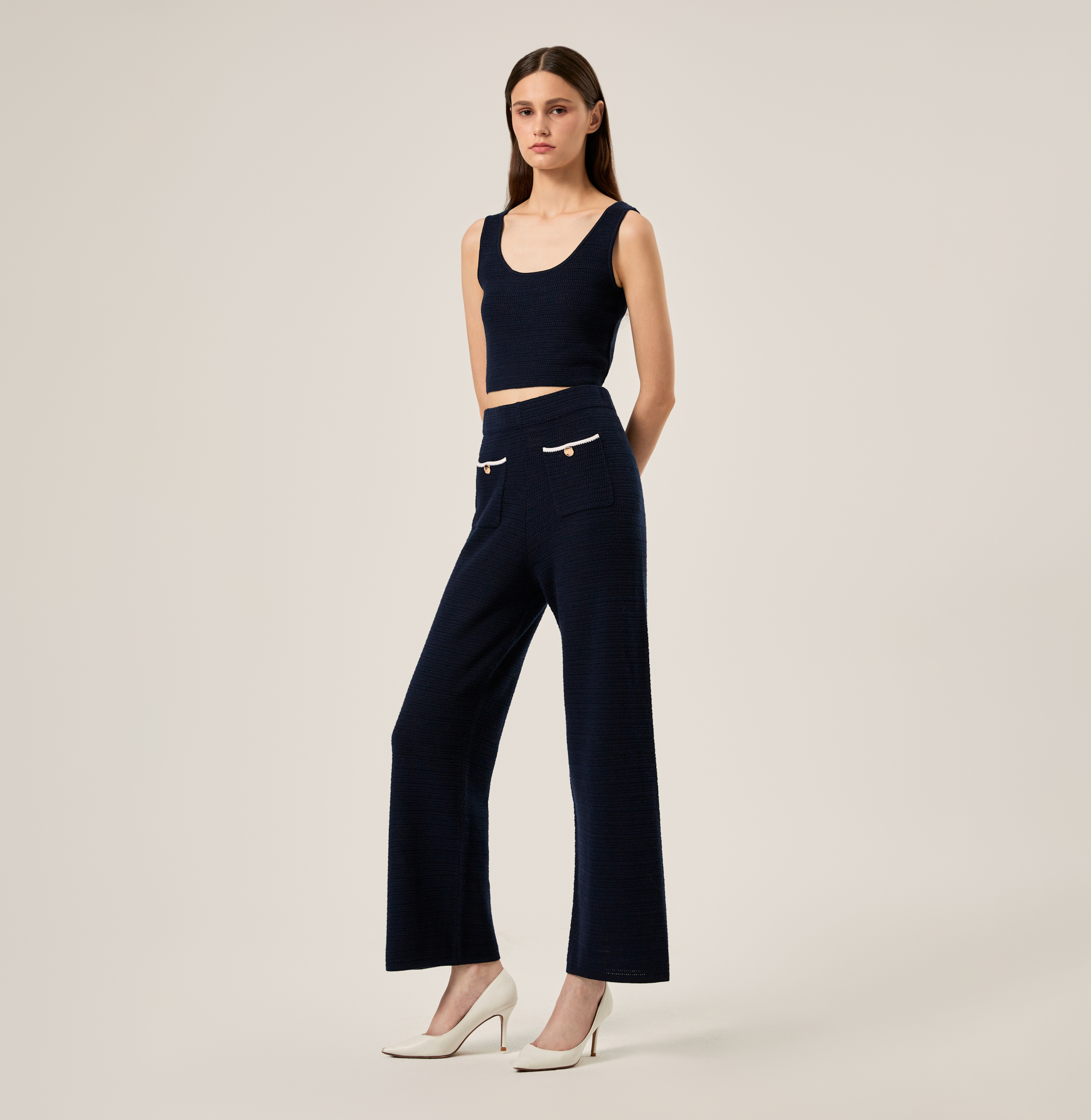High-Waisted Pointelle-Knit Boot-Cut Pajama Pants