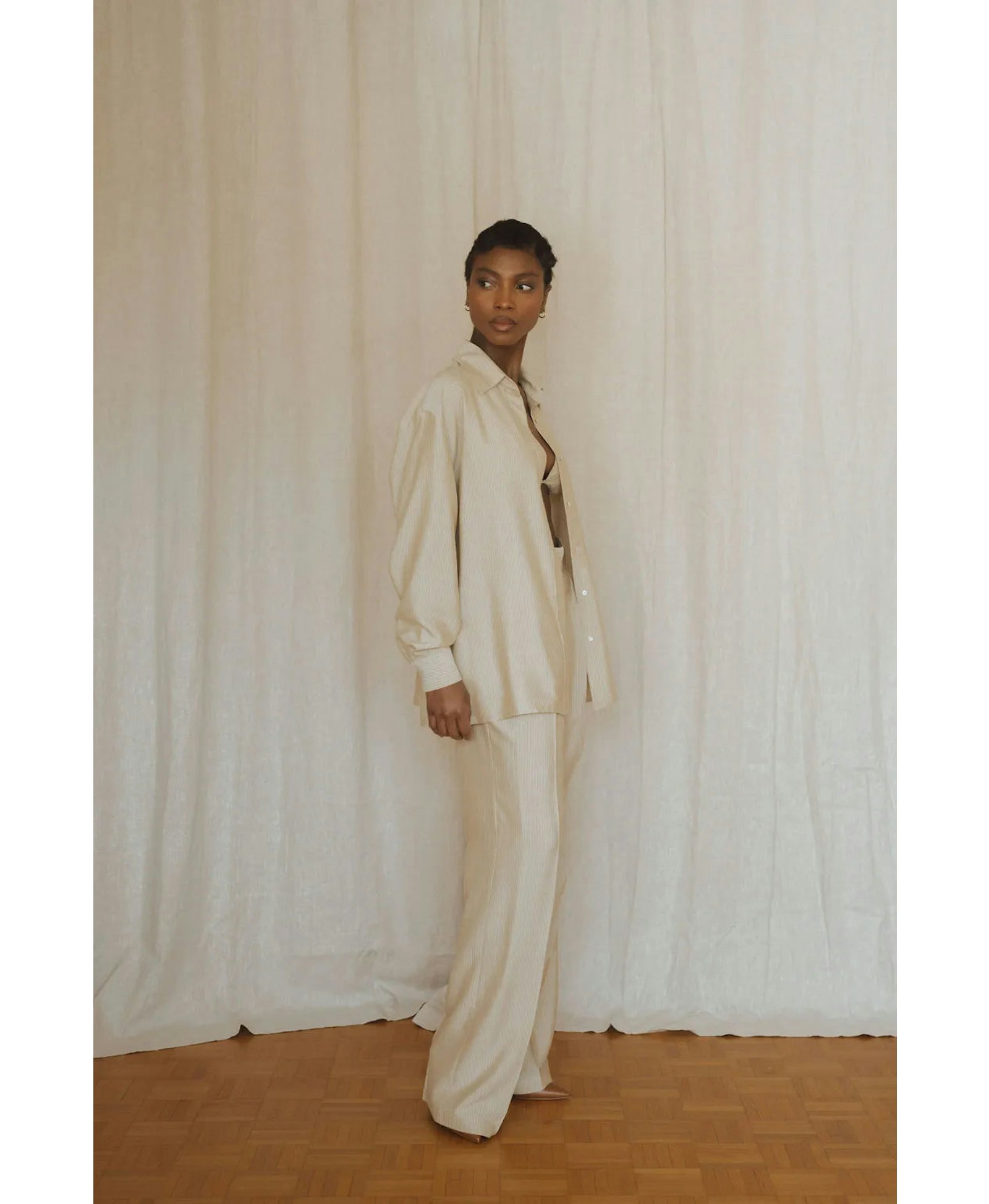 Beige striped silk shirt for women made by MORACÉE