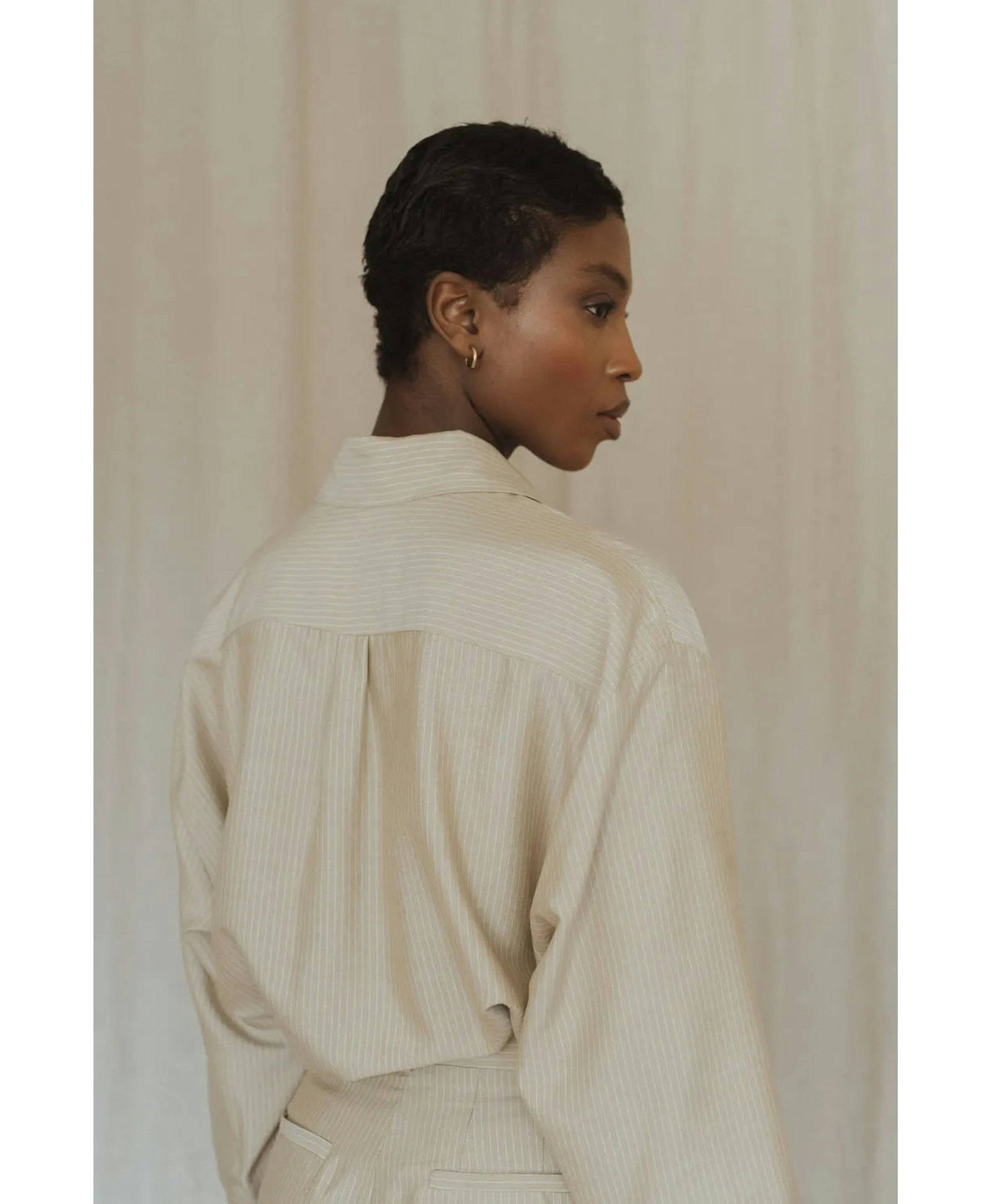 Beige striped silk shirt for women made by MORACÉE