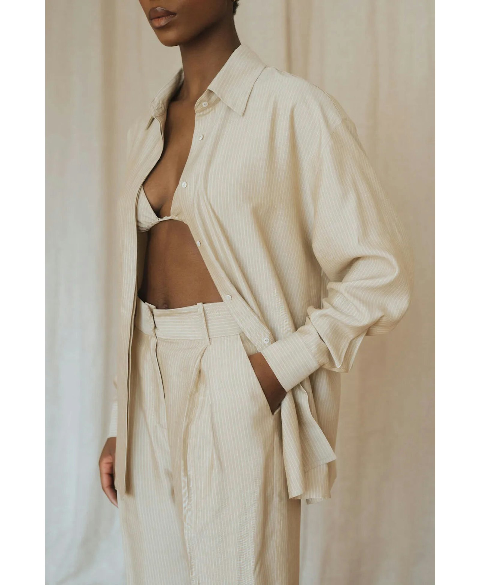 Beige striped silk shirt for women made by MORACÉE