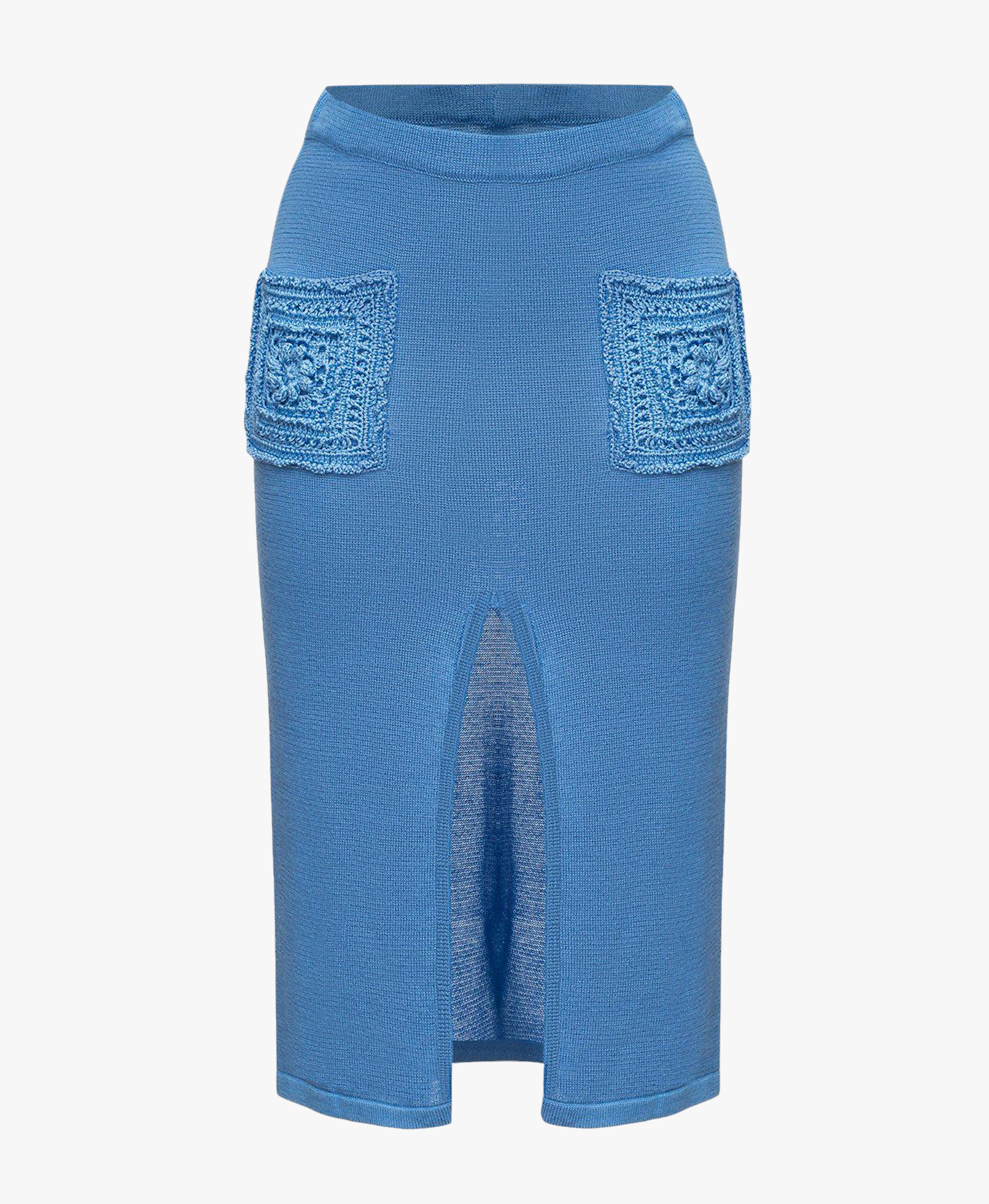 Blue knit skirt with crochet pockets made by ANDREEVA