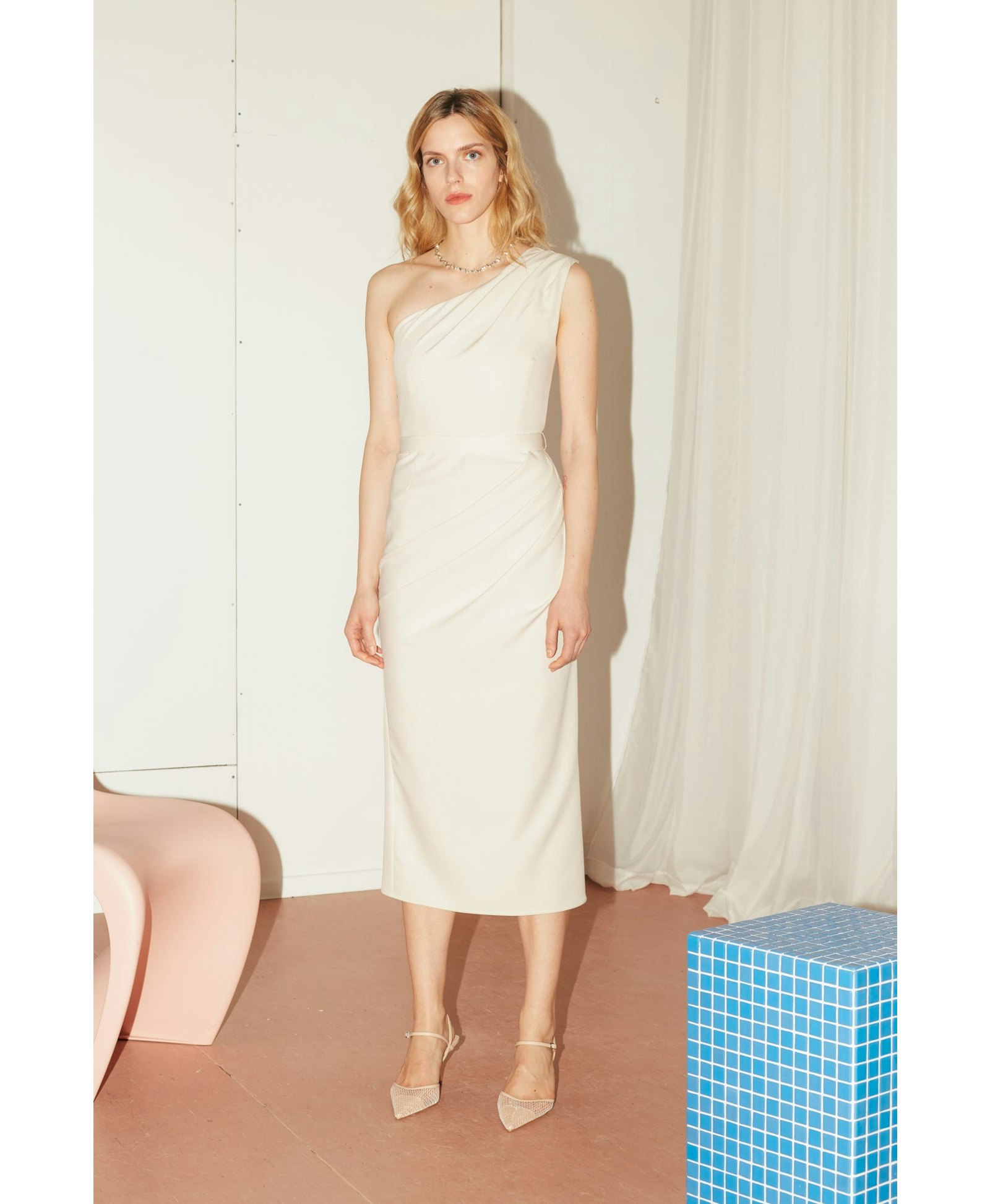 AISHA pastel cream one shoulder midi dress in White made by UNDRESS