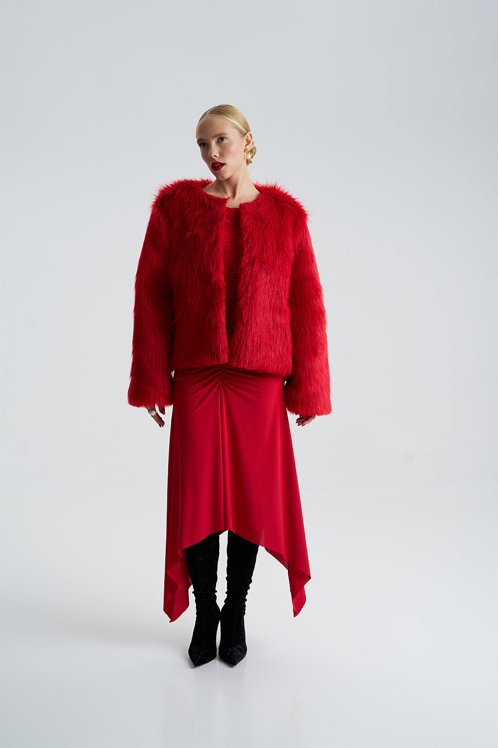 Zara red outlet faux fur coat