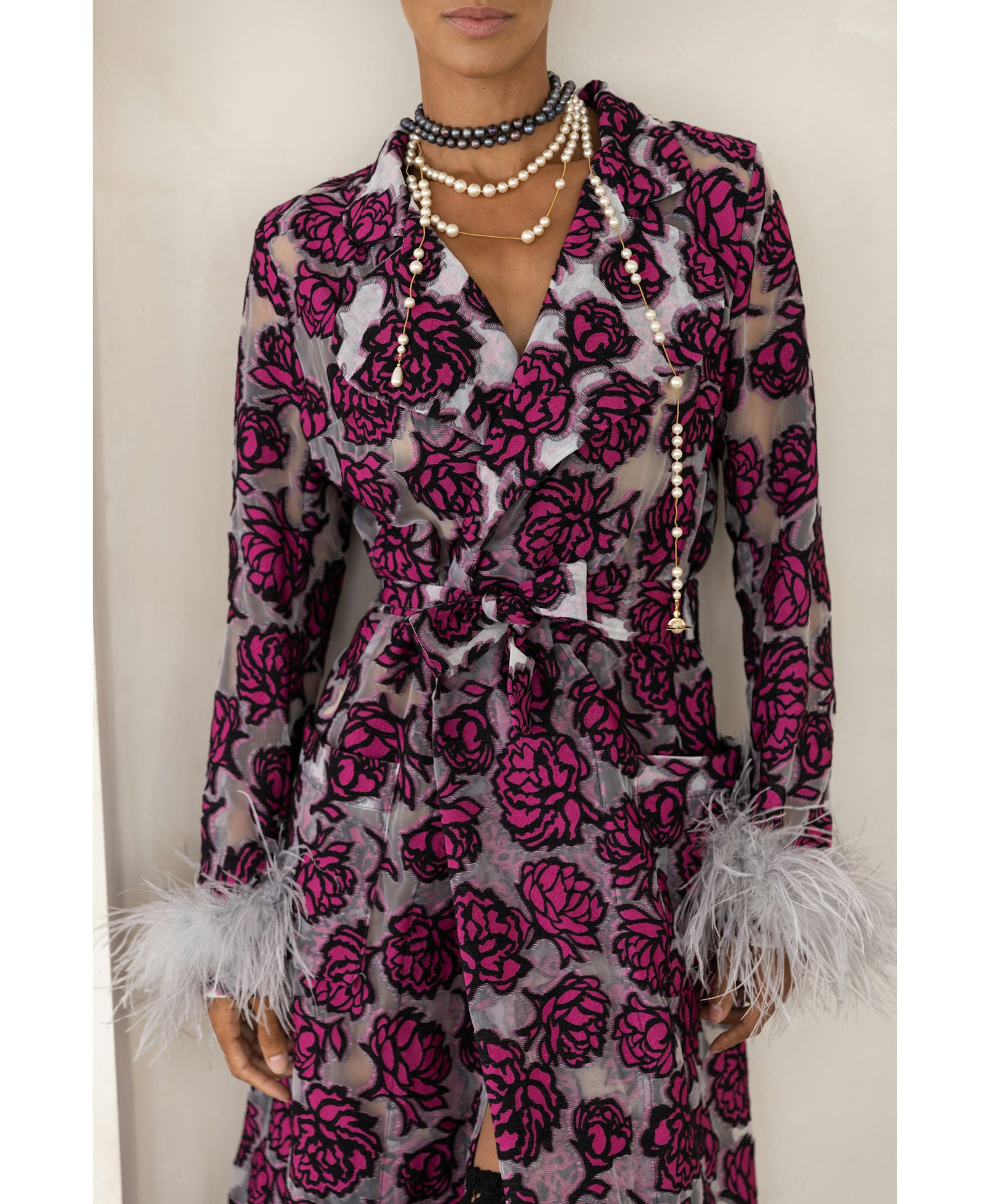 Rose red coat with detachable feathers cuffs in Red made by ANDREEVA