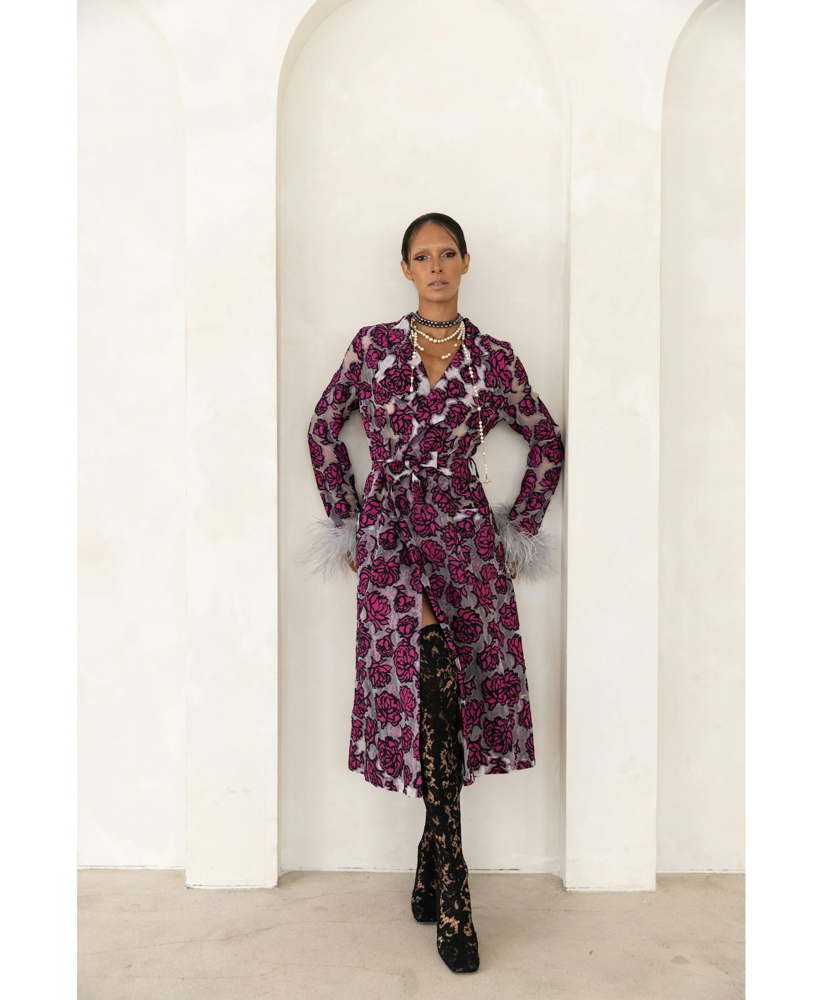 Rose red coat with detachable feathers cuffs in Red made by ANDREEVA