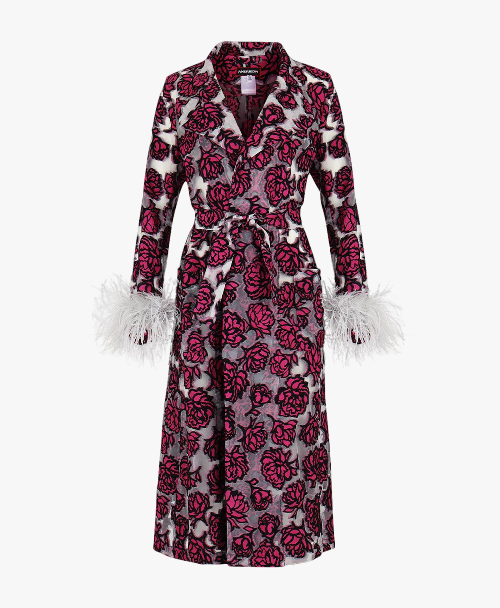 Rose red coat with detachable feathers cuffs in Red made by ANDREEVA