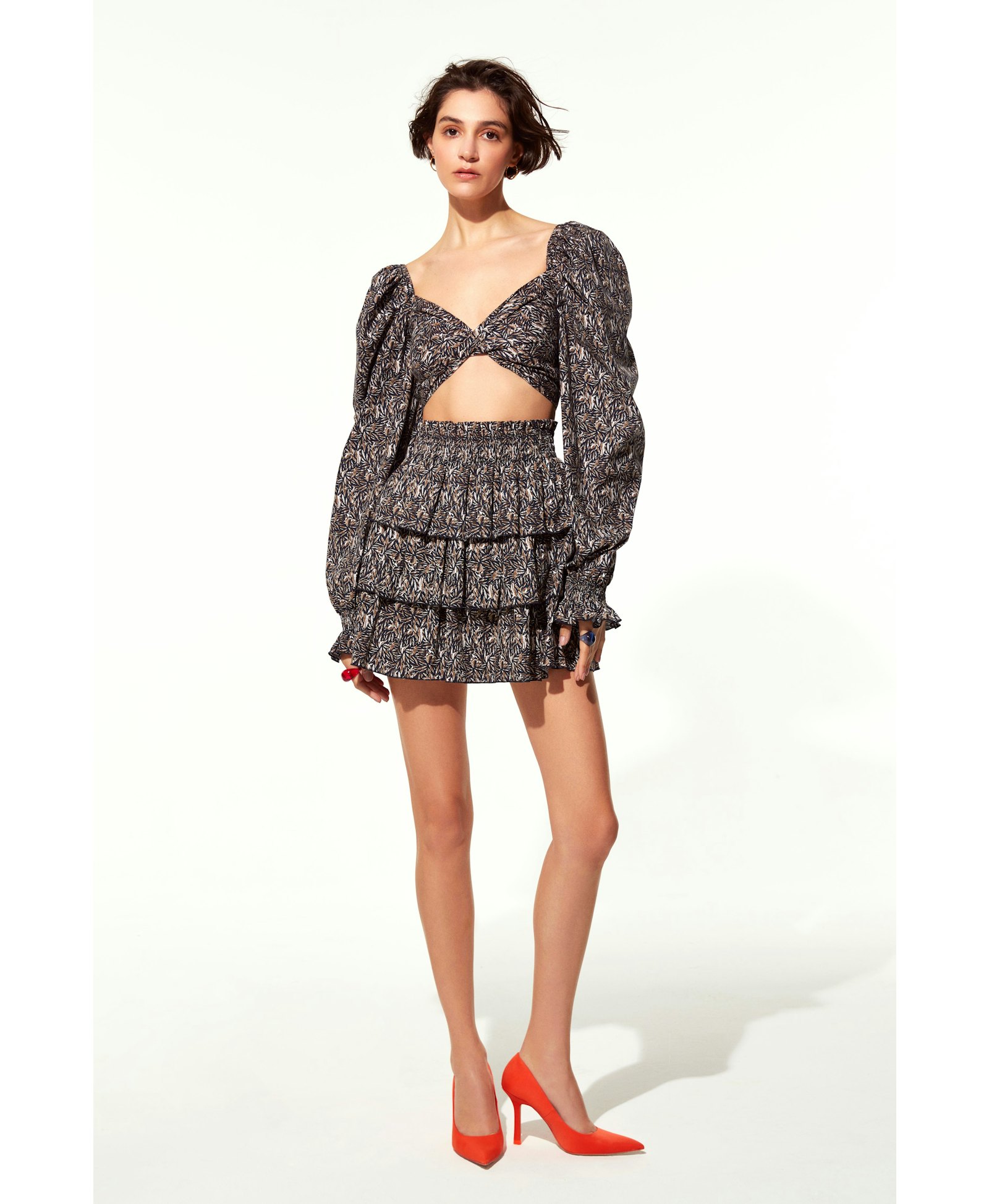 Lolly Tie Back Printed Poplin Top in Dark Brown made by Nazli Ceren