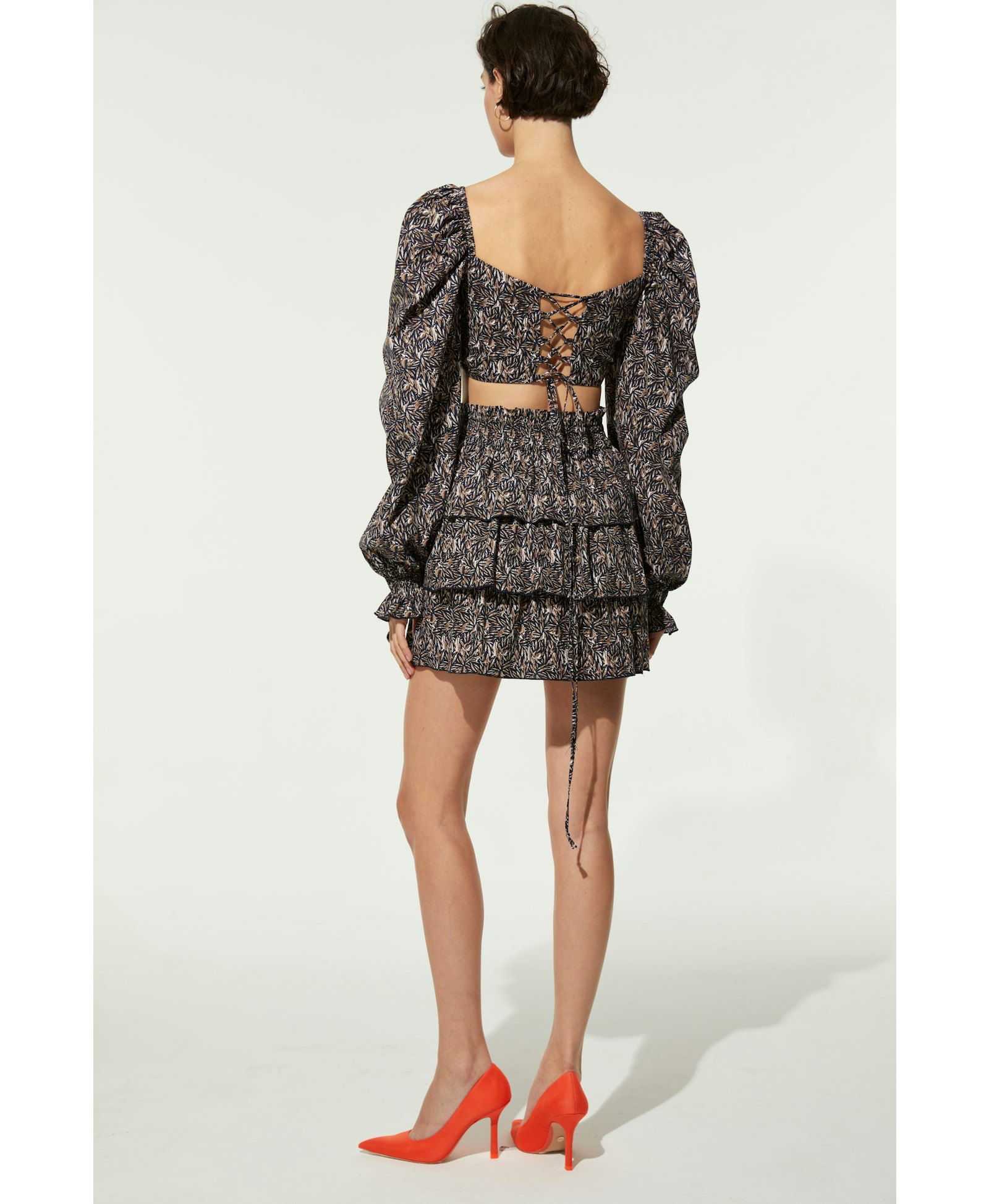 Lolly Tie Back Printed Poplin Top in Dark Brown made by Nazli Ceren