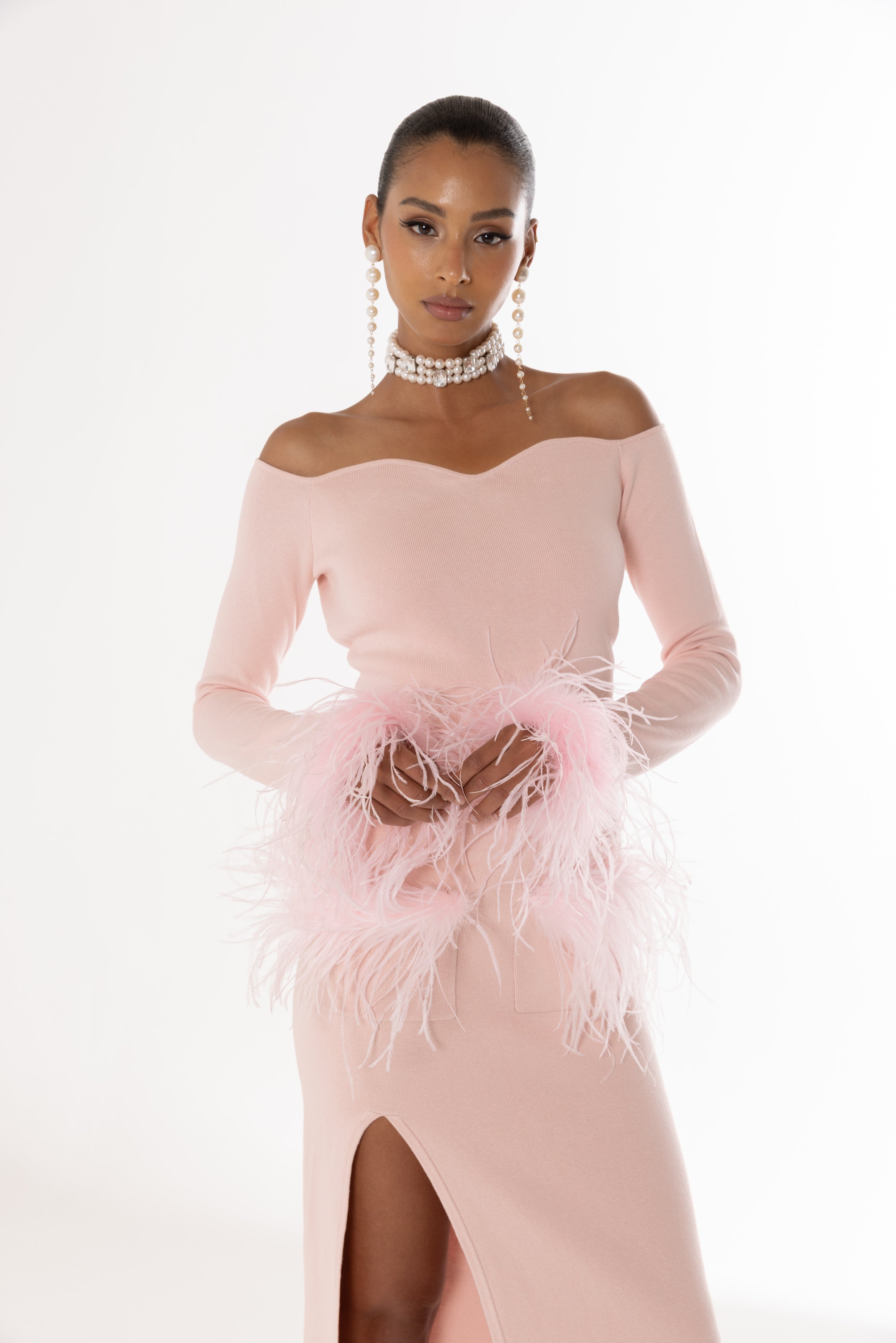 Shop Andreeva Pink Vanilla Knit Top With Detachable Feather Cuffs