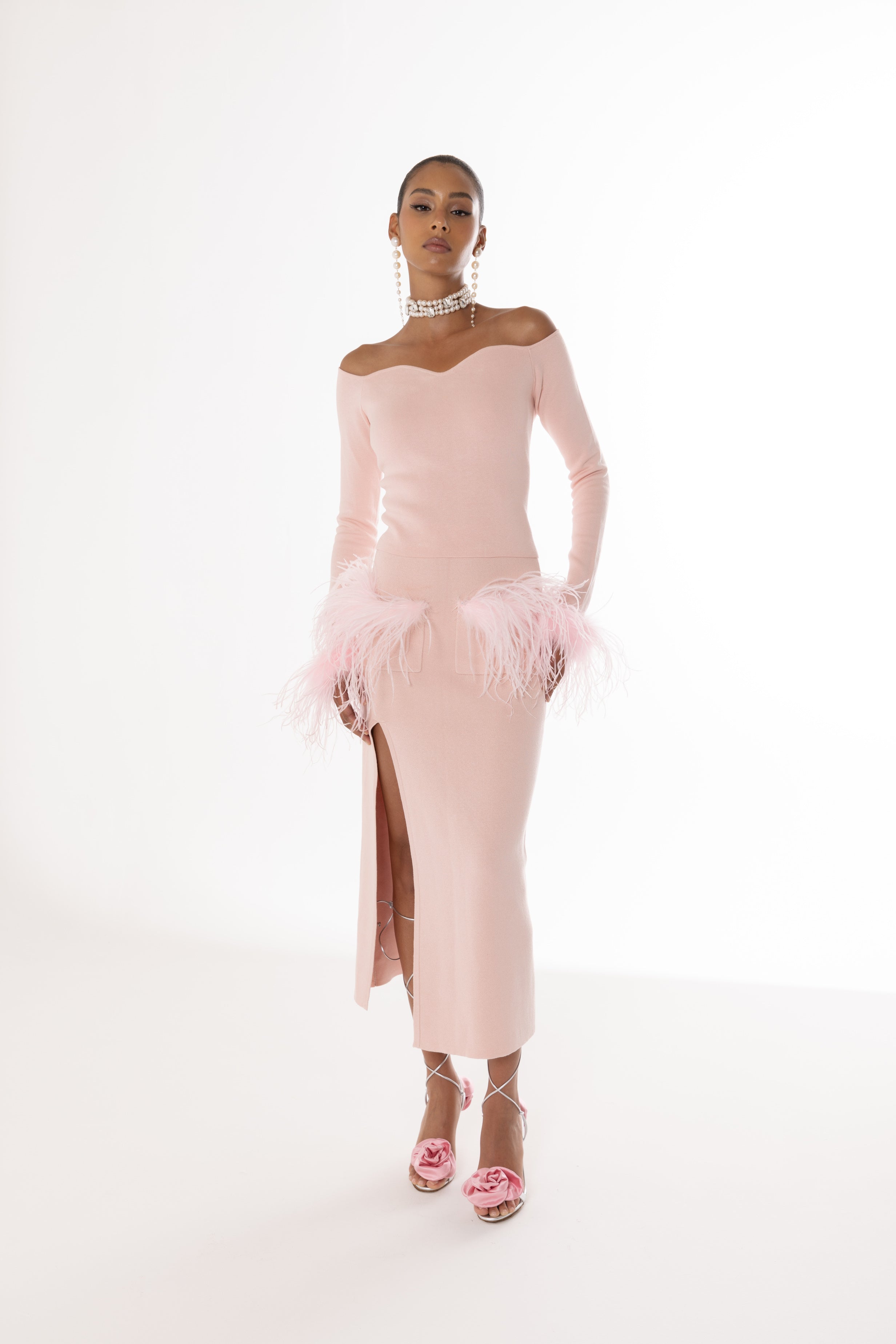 Shop Andreeva Pink Vanilla Knit Top With Detachable Feather Cuffs