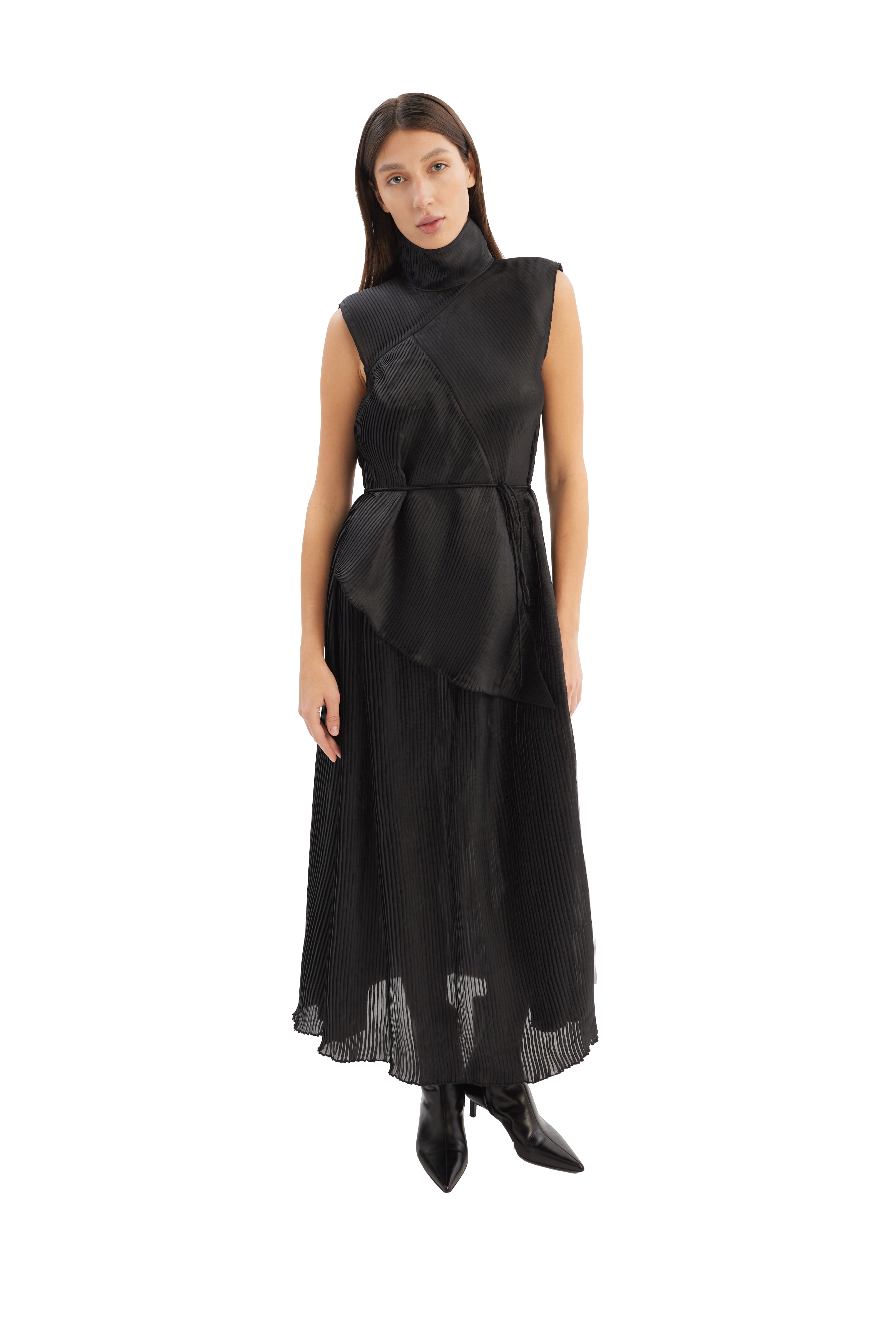 TAMAR KEBURIA PLEATED SLEEVELESS MAXI ORGANZA DRESS WITH A HIGH COLLAR AND ASYMMETRIC PLEATED INSERTS