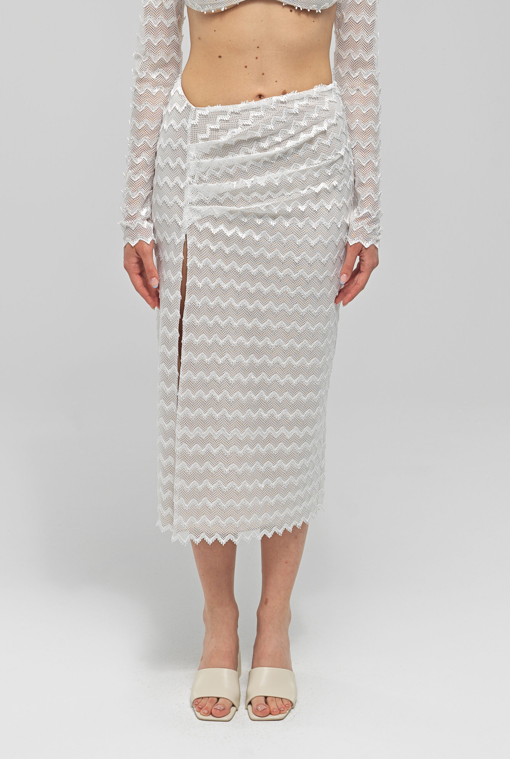 Shop Maet Hebo White Knit Asymmetric Midi Skirt