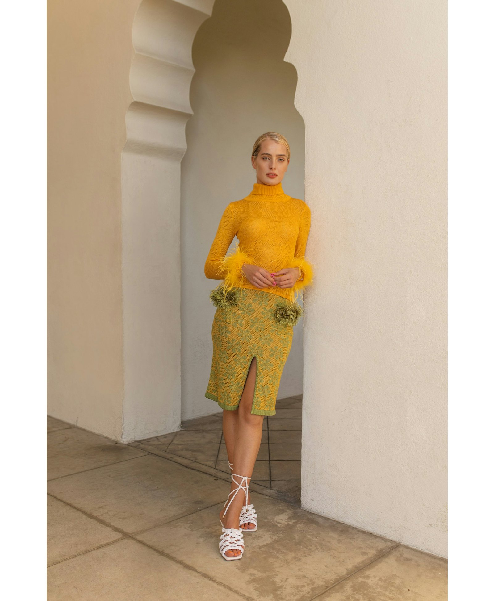 Green Knit Skirt with handmade knit details made by ANDREEVA