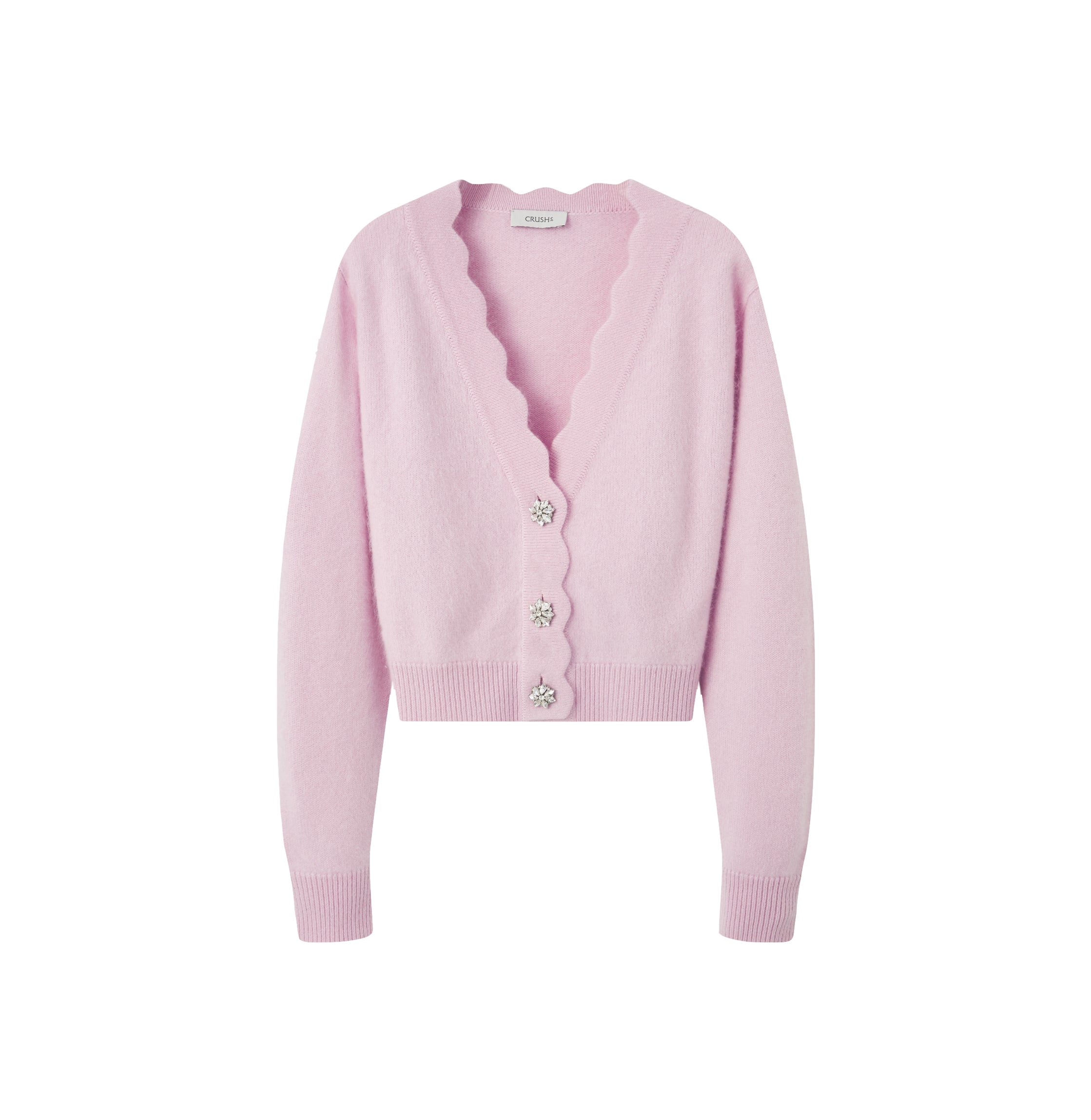 Crush Collection Scalloped Fluffy Hand Brushed Cashmere Cardigan In Pink