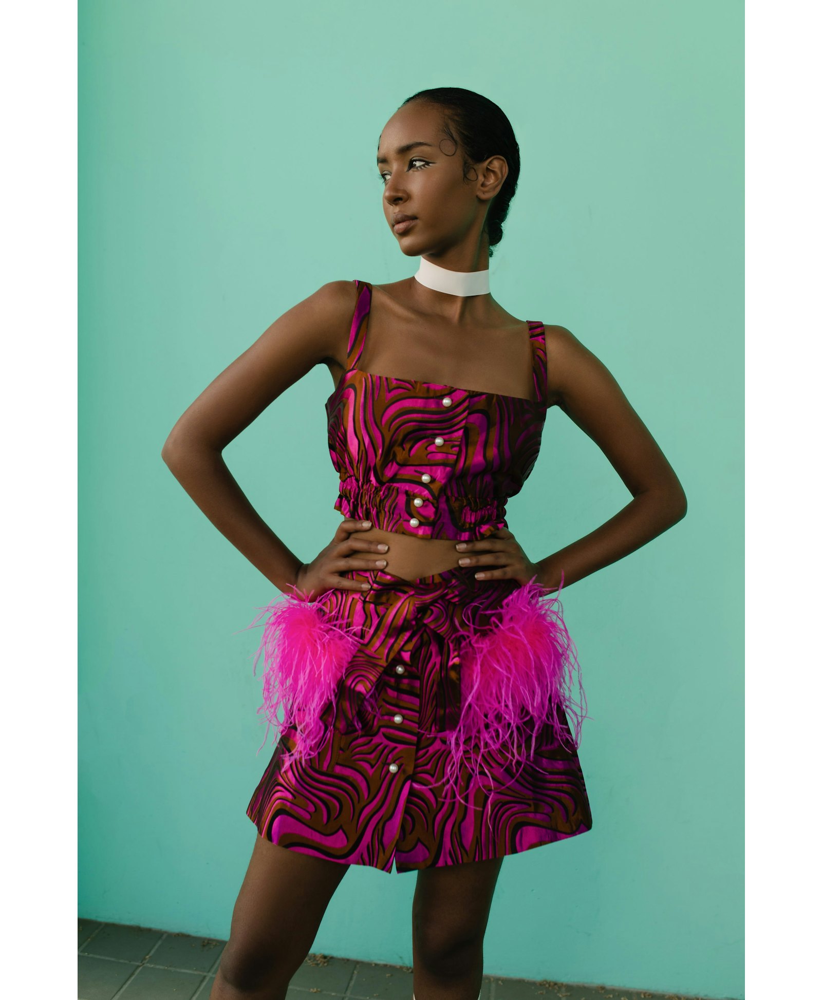 Raspberry Printed Mini Skirt With Feathers made by ANDREEVA