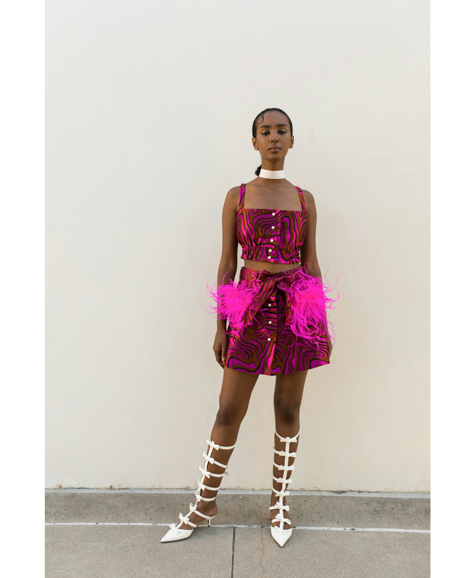 Raspberry Printed Mini Skirt With Feathers made by ANDREEVA