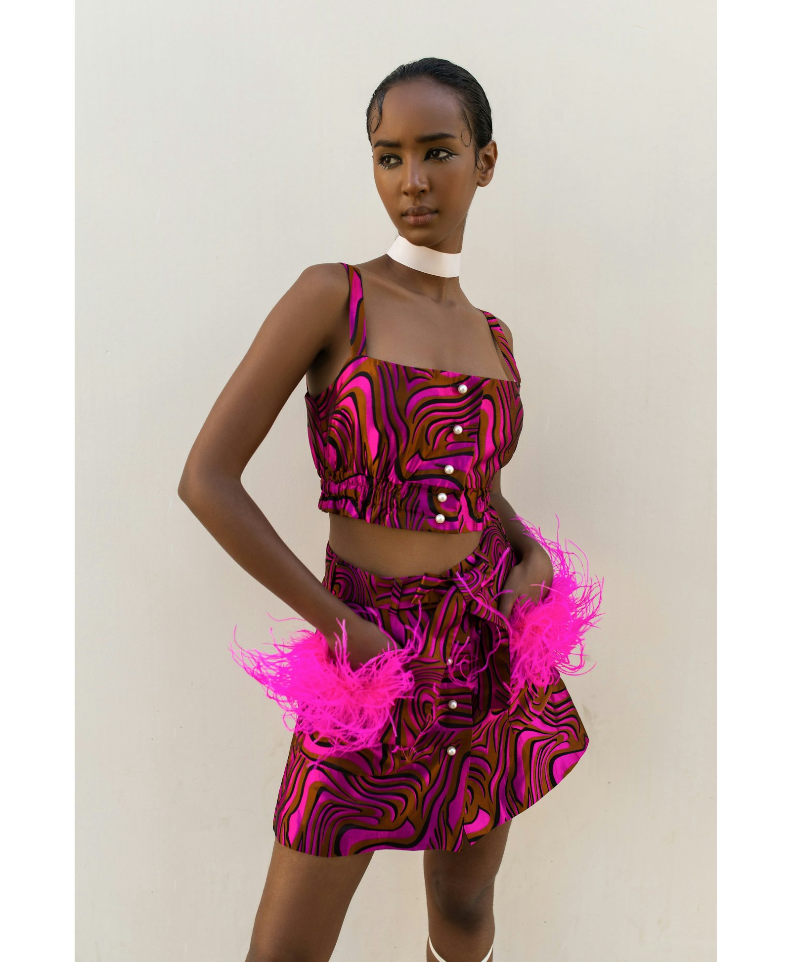Raspberry Printed Mini Skirt With Feathers made by ANDREEVA