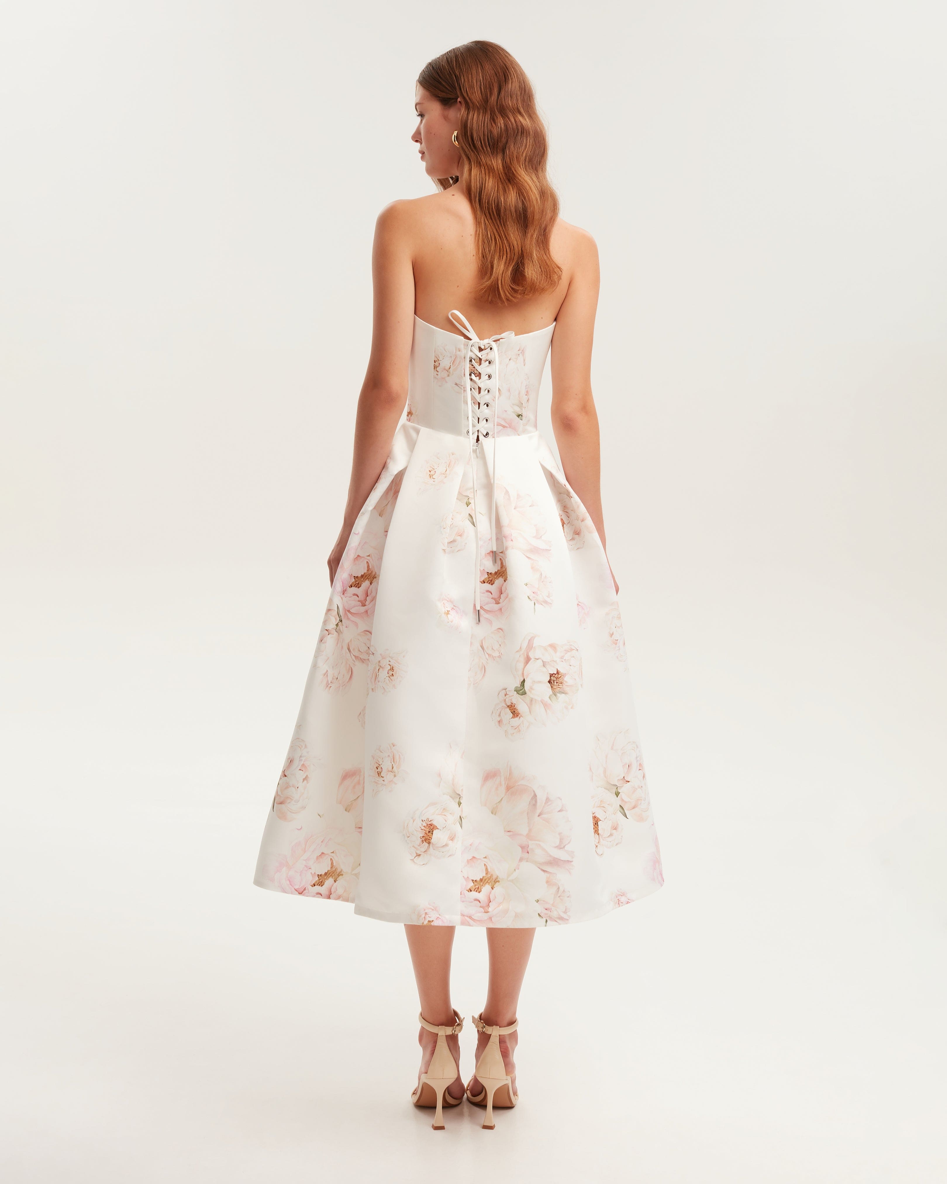Shop Milla Pink Peony Corset Midi Dress, Garden Of Eden In White