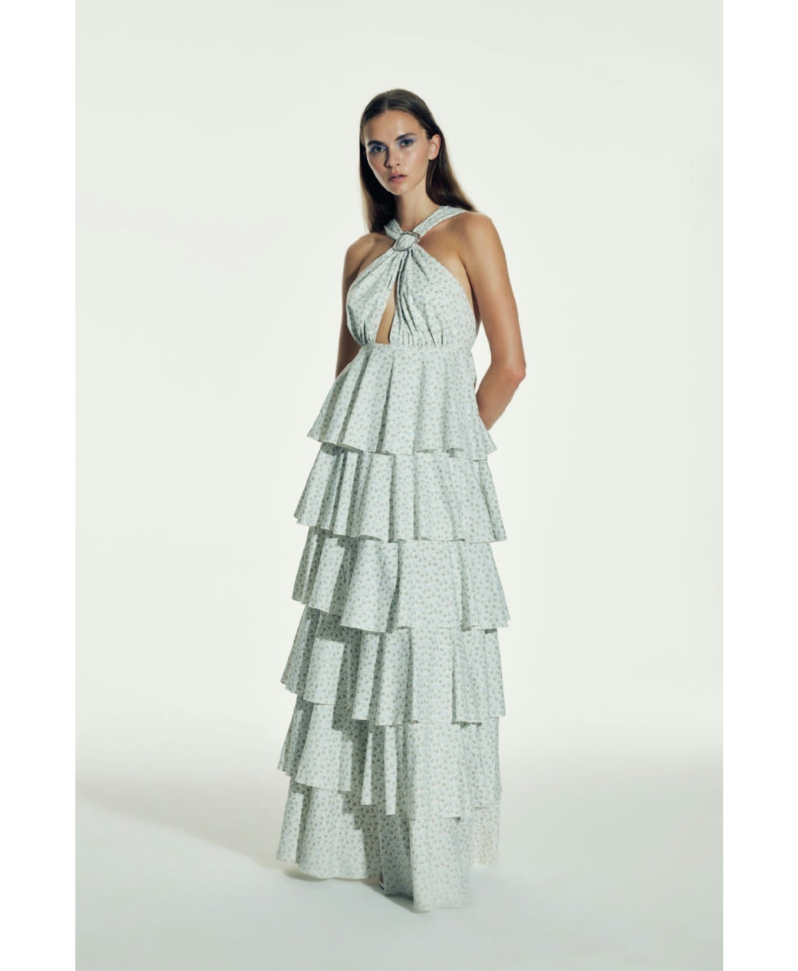 Laurel Printed Cotton Long Dress in Cannoli Cream made by Nazli Ceren