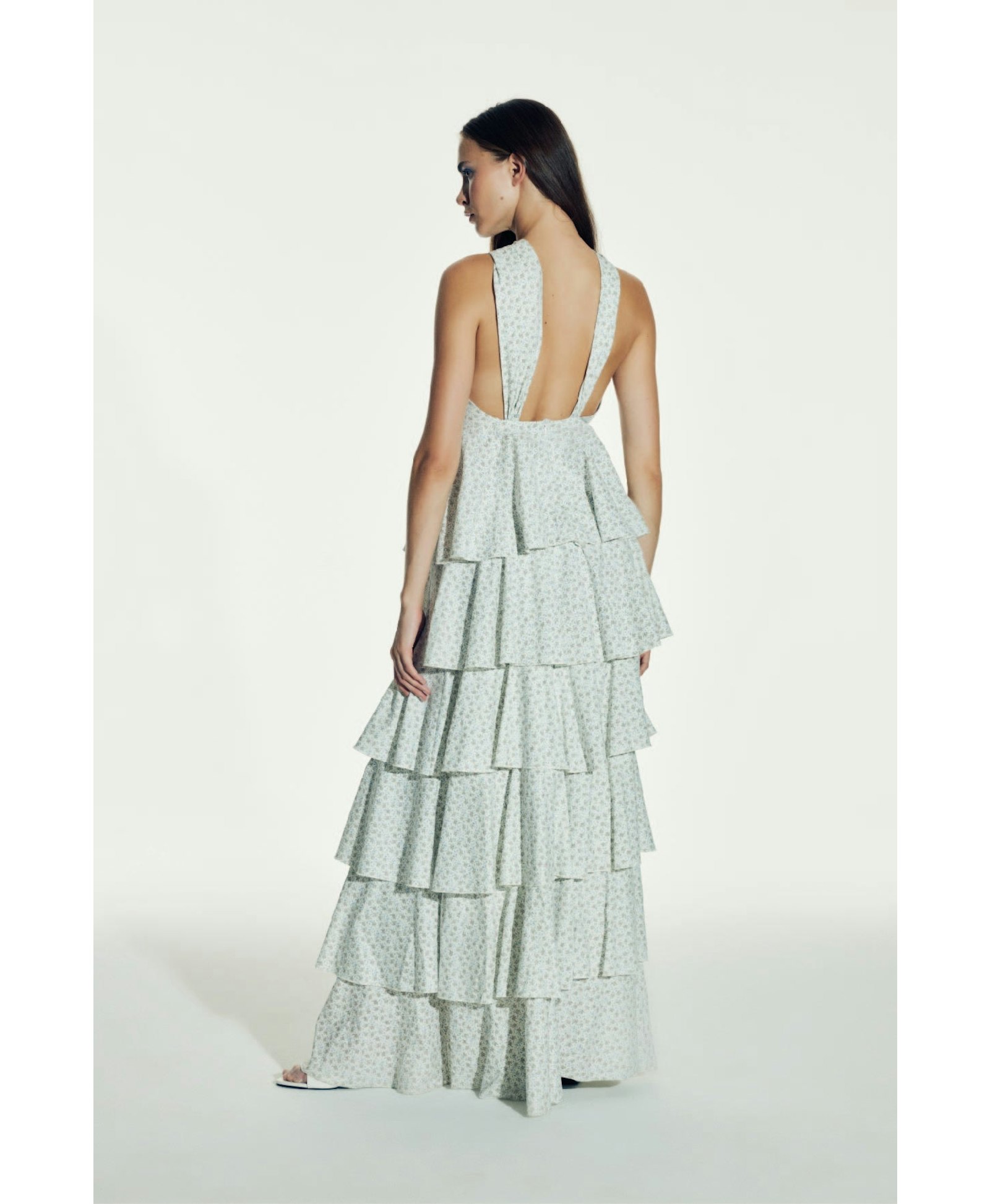 Laurel Printed Cotton Long Dress in Cannoli Cream made by Nazli Ceren