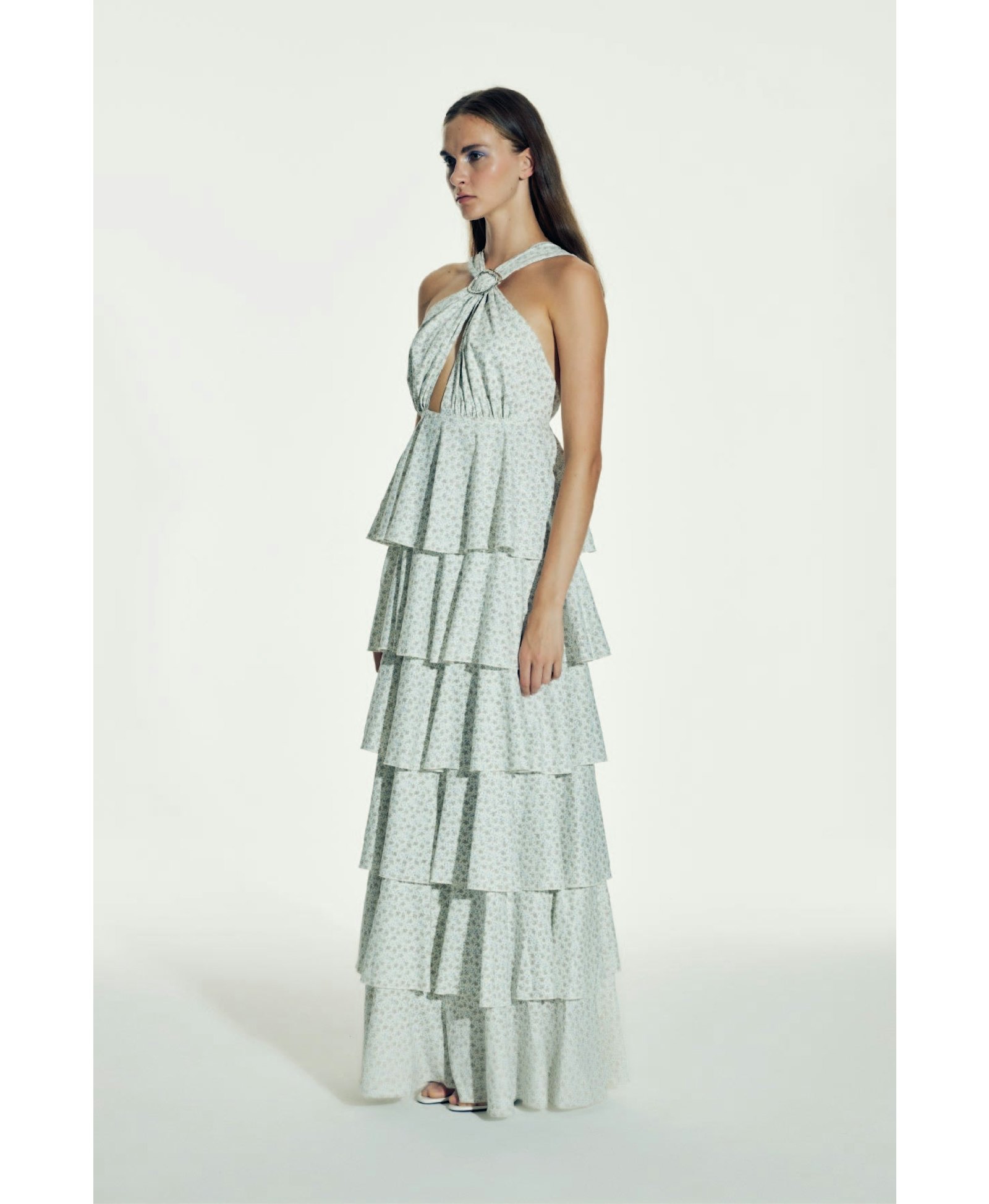 Laurel Printed Cotton Long Dress in Cannoli Cream made by Nazli Ceren